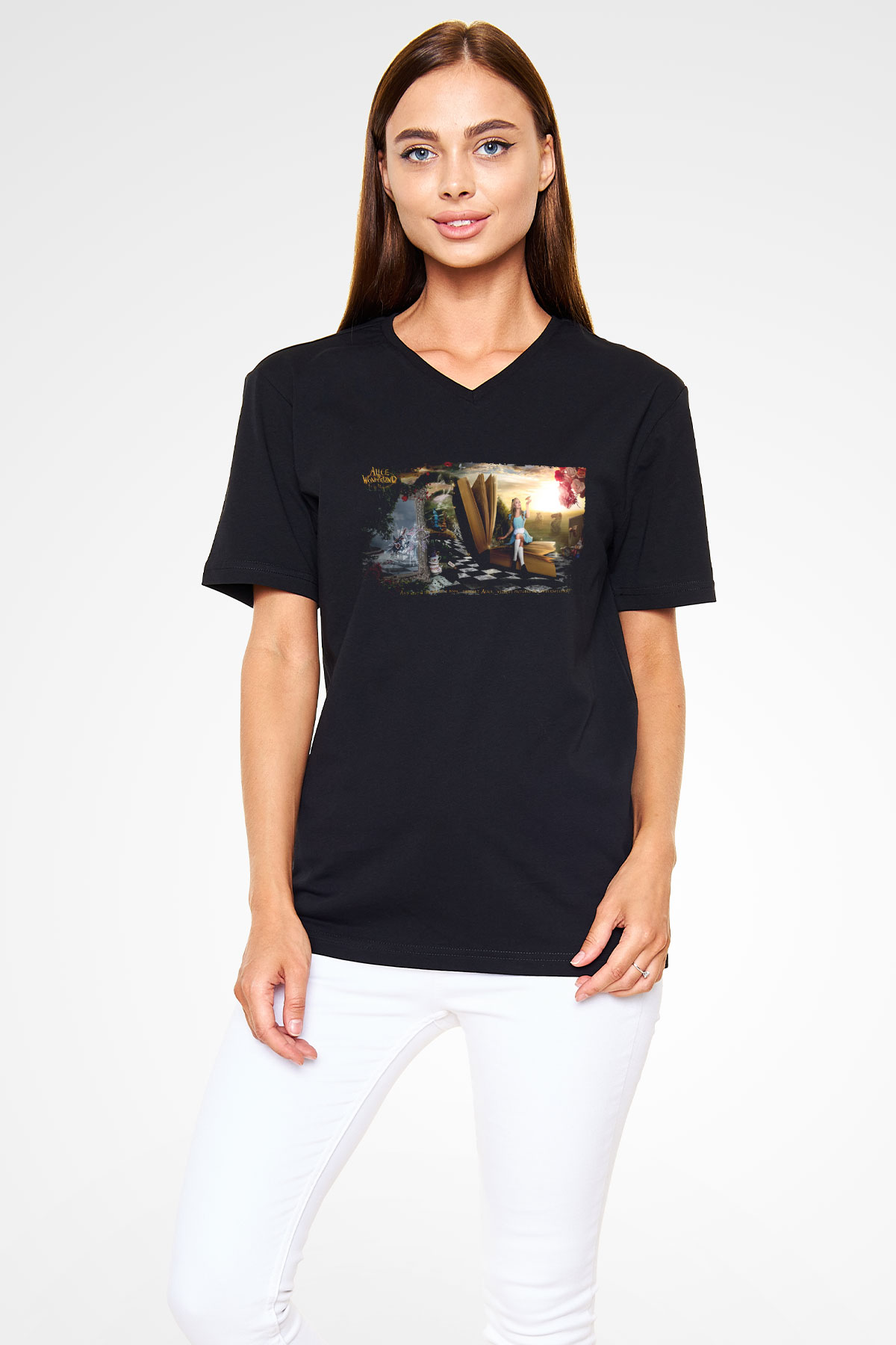 Unisex Alis Harikalar Diyarında Baskılı Siyah V Yaka Tshirt