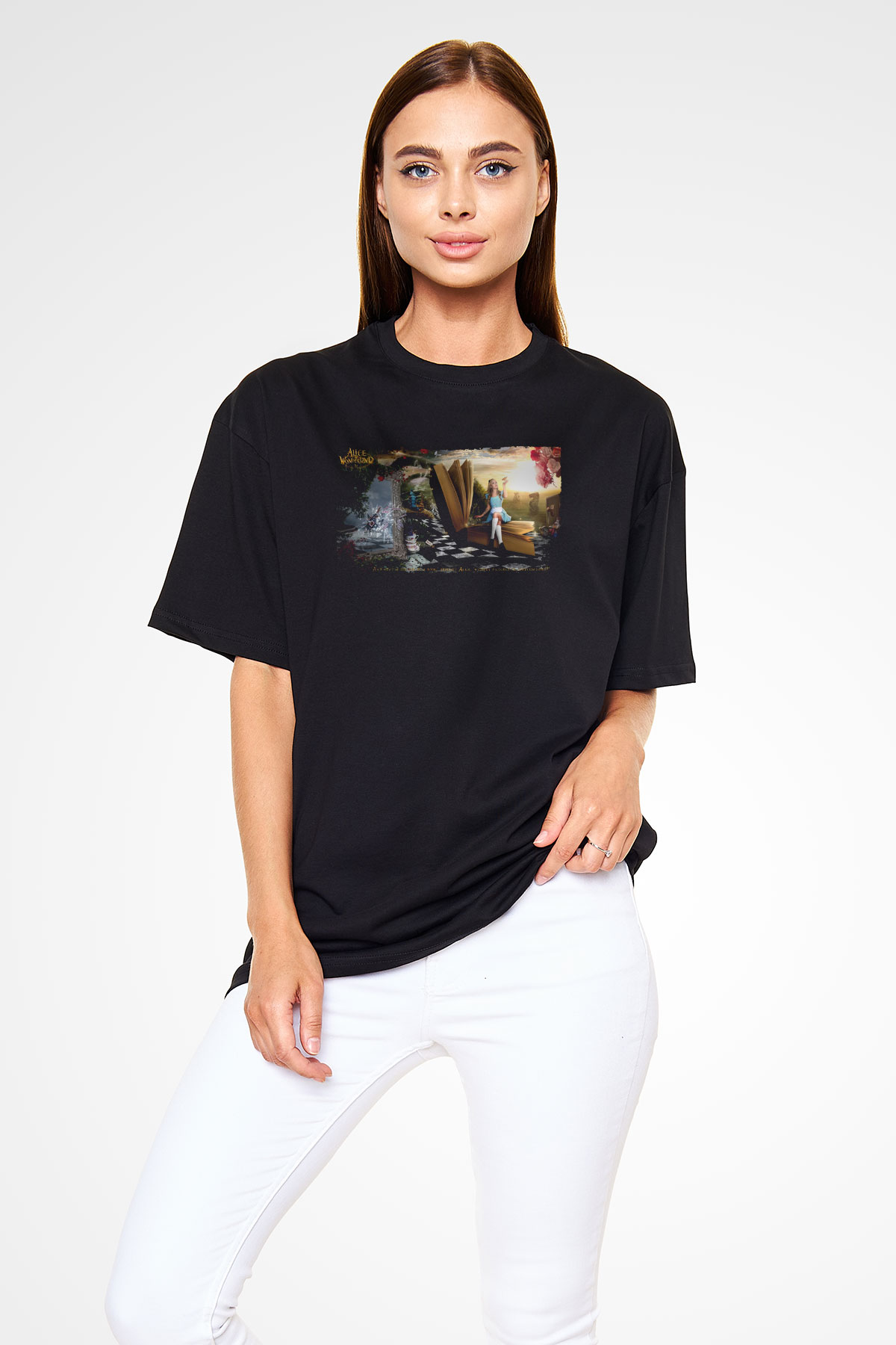 Unisex Alis Harikalar Diyarında Baskılı Siyah Oversize Tshirt