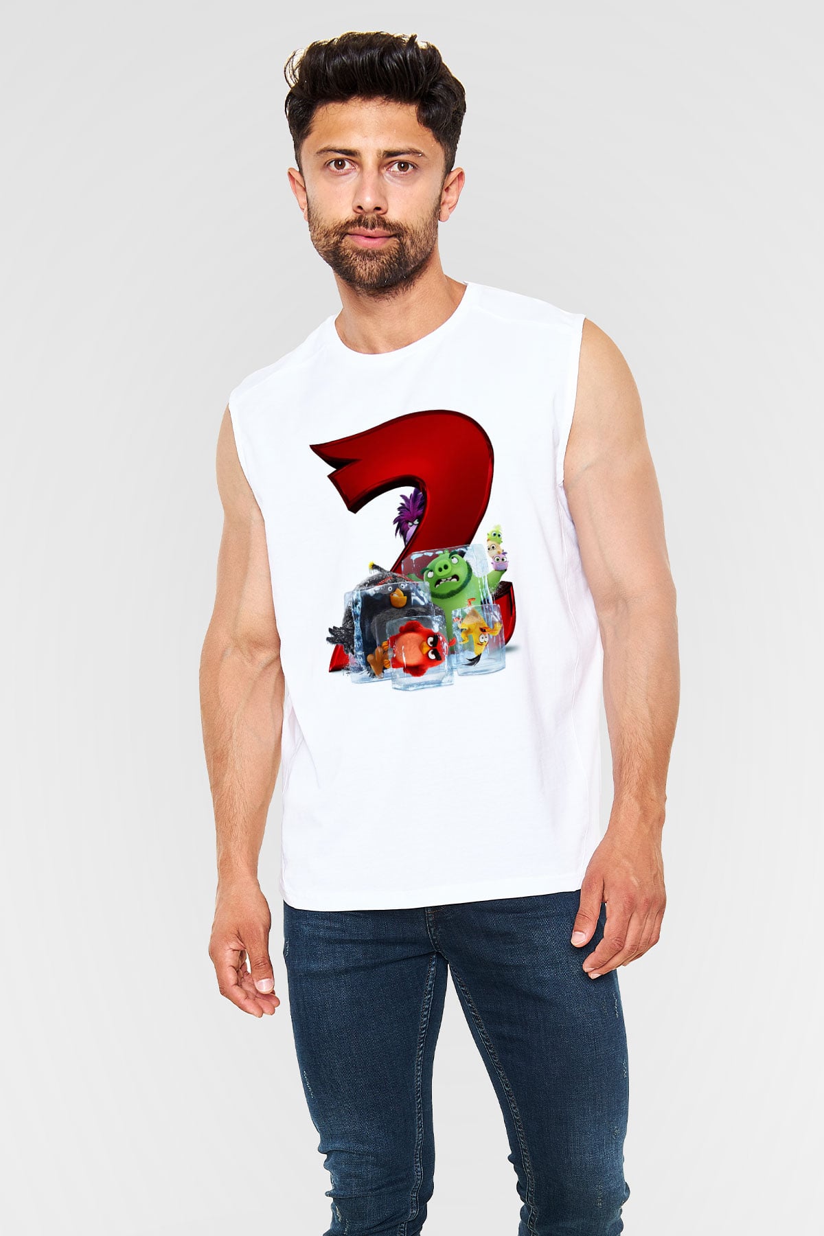 Unisex Angry Birds Baskılı Beyaz Kolsuz Tshirt