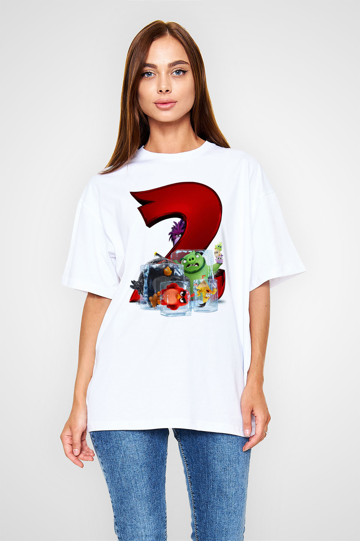 Unisex Angry Birds Baskılı Beyaz Oversize Oversize T-shirt