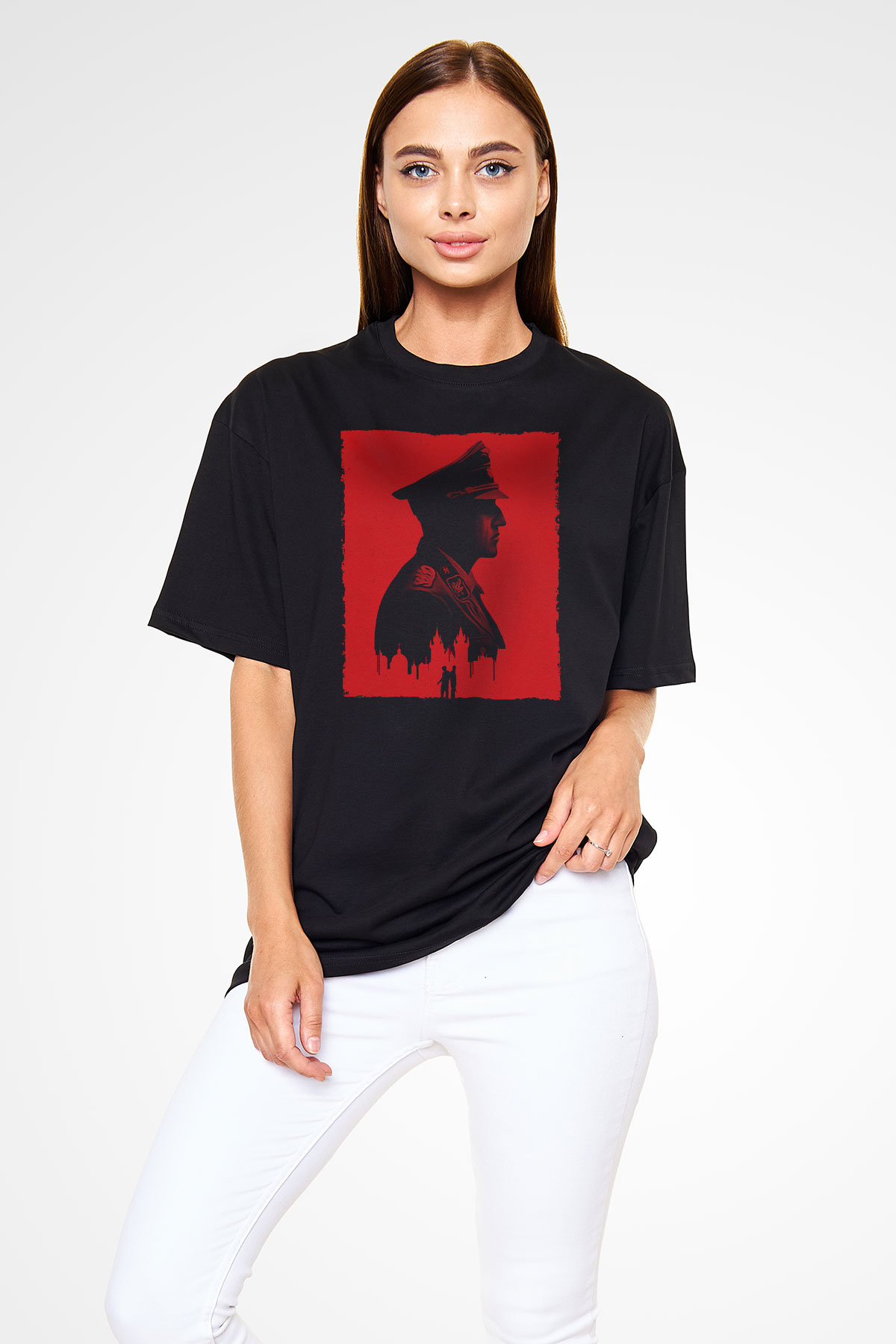 Unisex Anthropoid Baskılı Siyah Oversize T-shirt