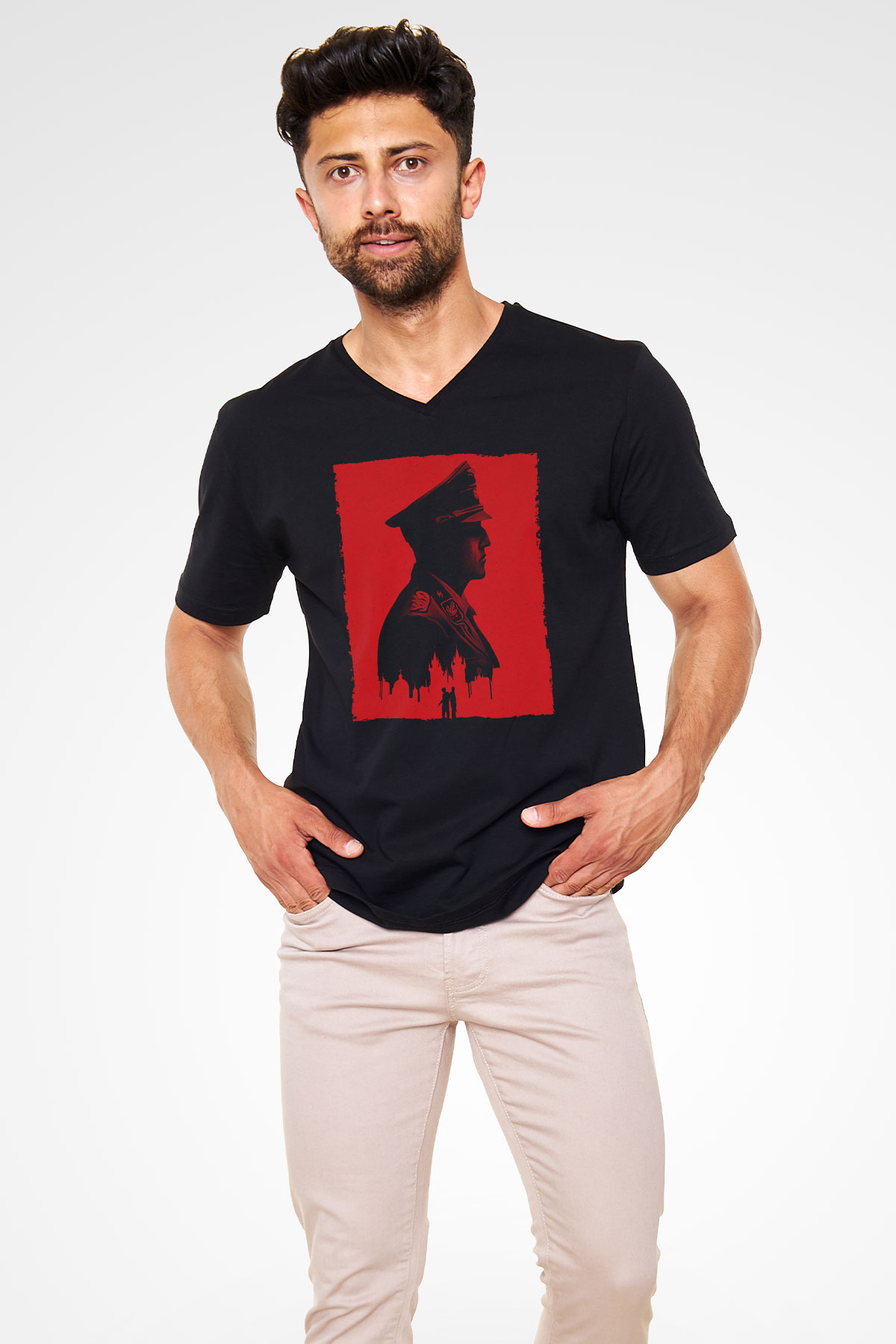 Unisex Anthropoid Baskılı Siyah V Yaka T-shirt
