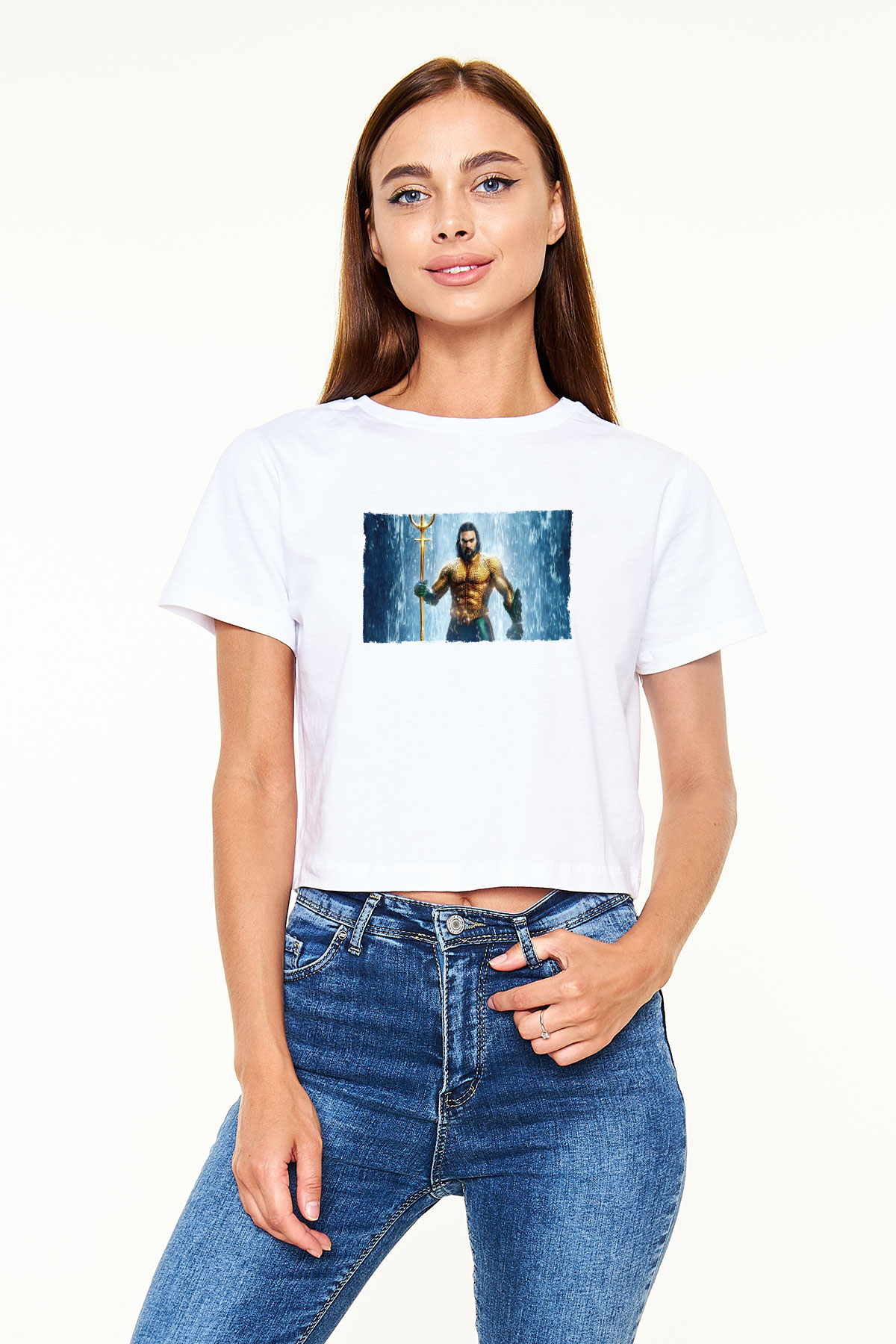 Unisex Aquaman Baskılı Beyaz Crop Top Tişört