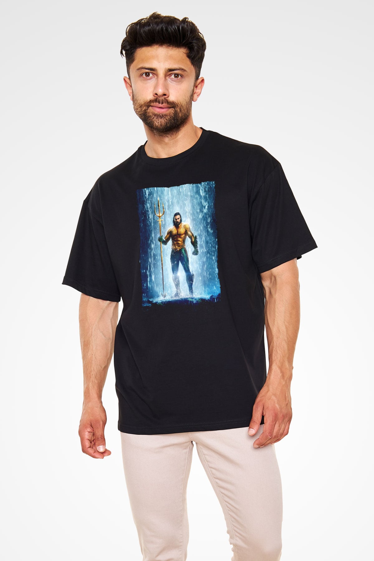 Unisex Aquaman Baskılı Siyah Oversize T-shirt