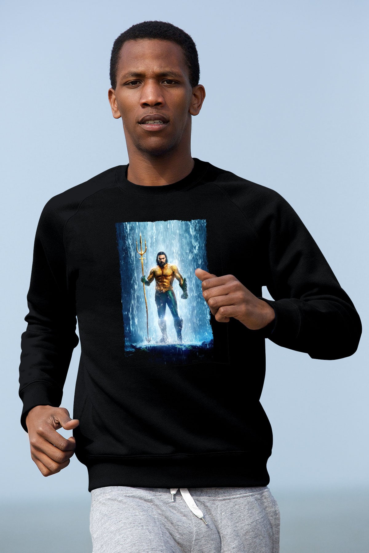 Unisex Aquaman Baskılı Siyah Sweatshirt