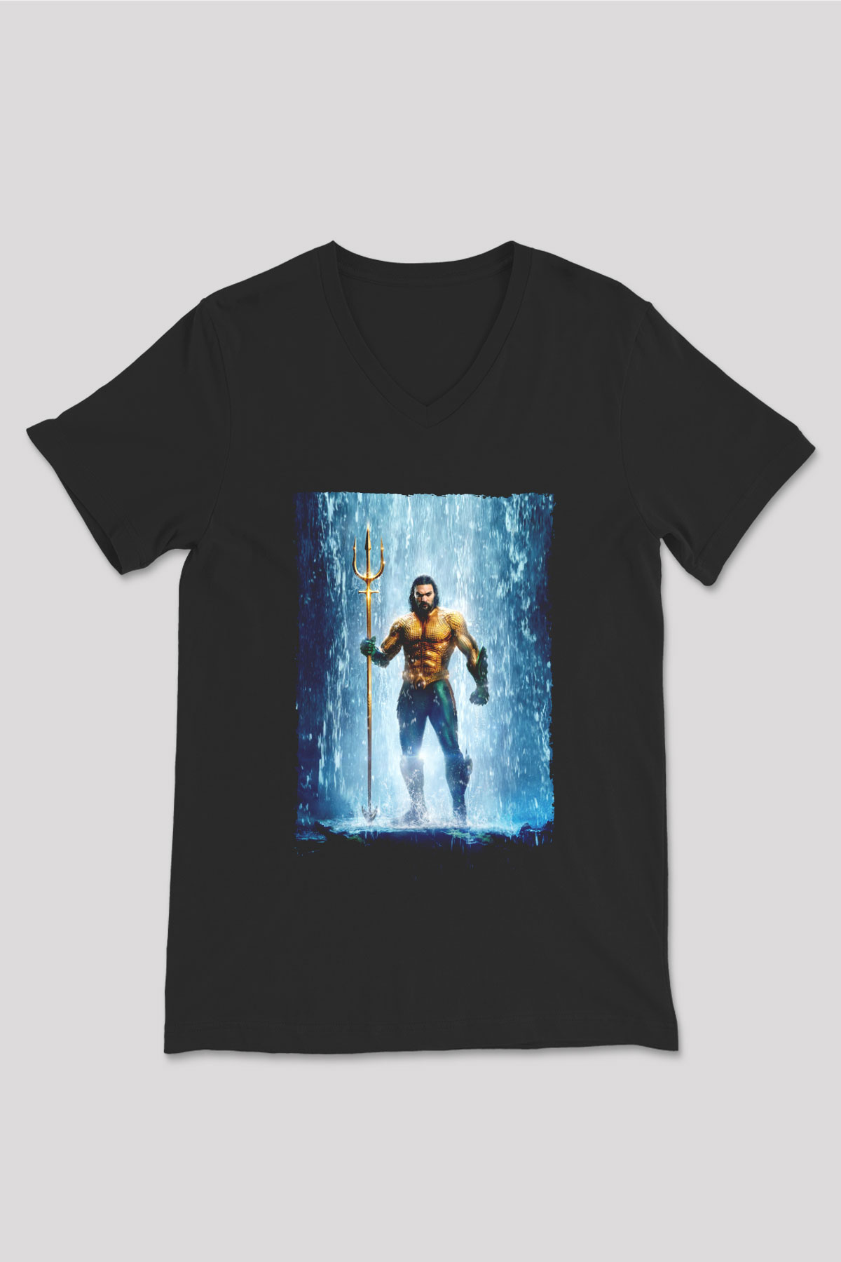 Unisex Aquaman Baskılı Siyah V Yaka T-shirt