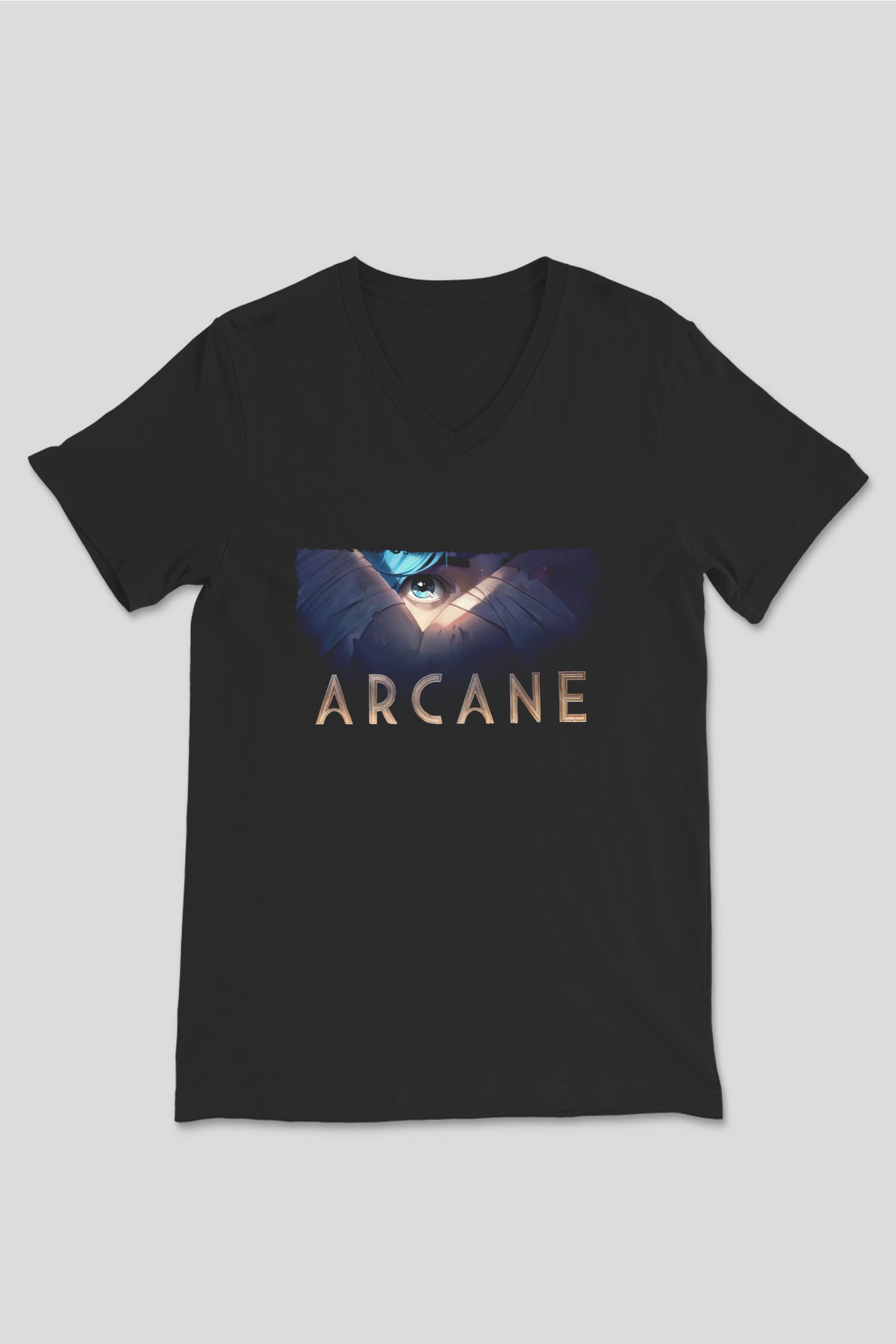 Unisex Arcane Baskılı Siyah V Yaka Tshirt