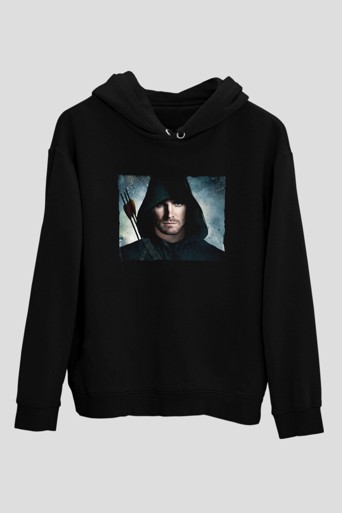 Unisex Arrow Baskılı Siyah Kapüşonlu Sweatshirt