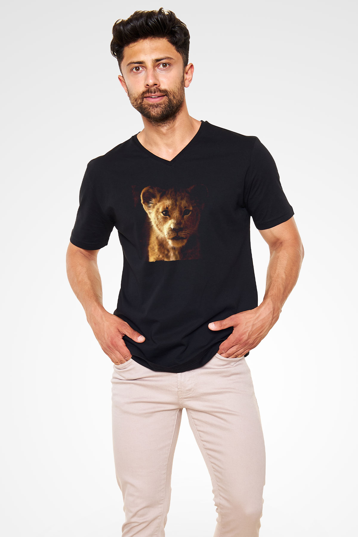 Unisex Aslan Kral (The Lion King) Baskılı Siyah V Yaka T-shirt