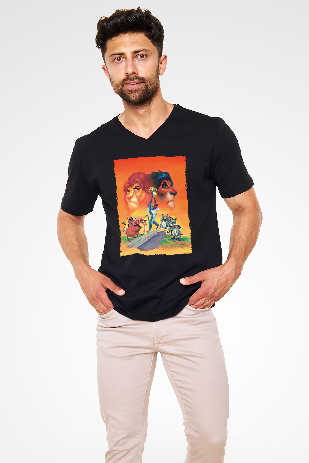Unisex Aslan Kral (The Lion King) Baskılı Siyah V Yaka Tshirt