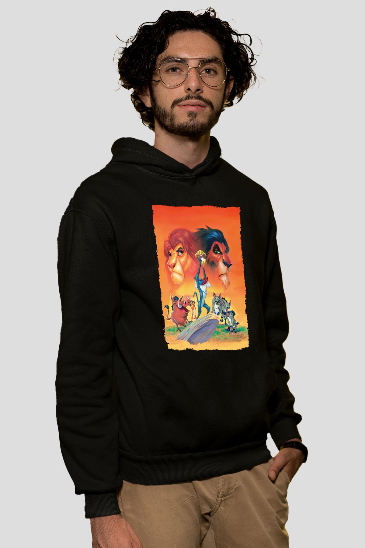 Unisex Aslan Kral (The Lion King) Baskılı Siyah Kapüşonlu Sweatshirt