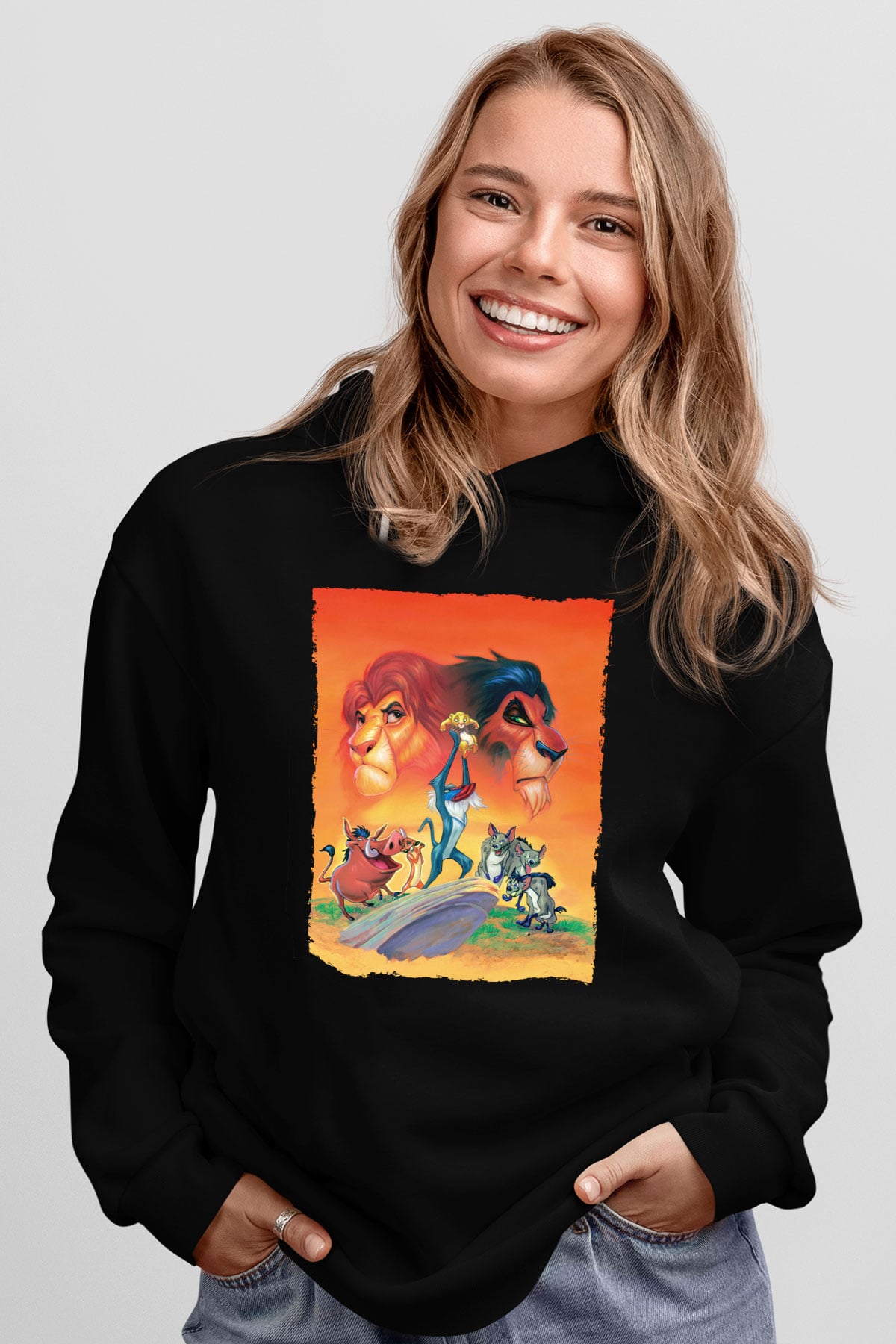 Unisex Aslan Kral (The Lion King) Baskılı Siyah Kapüşonlu Sweatshirt