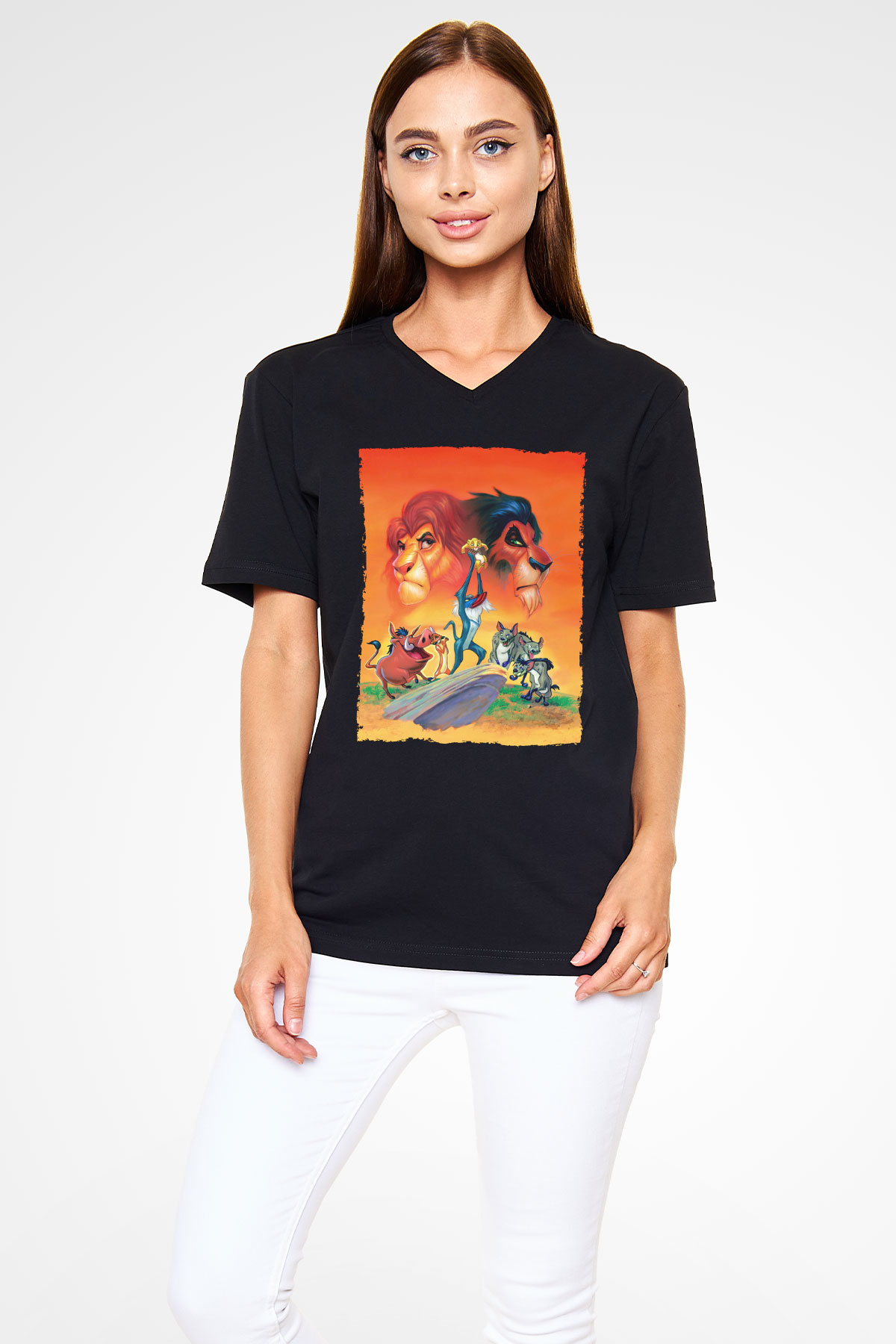 Unisex Aslan Kral (The Lion King) Baskılı Siyah V Yaka Tshirt