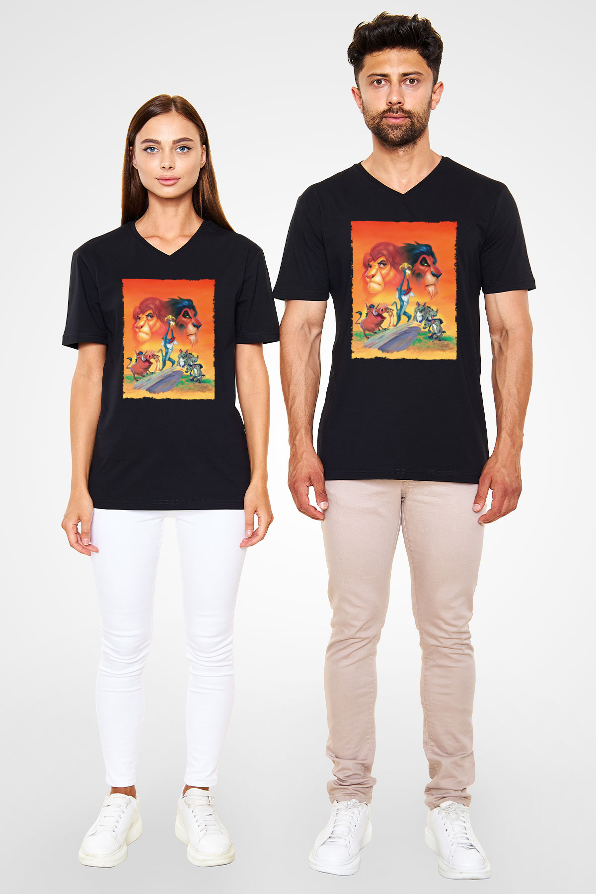 Unisex Aslan Kral (The Lion King) Baskılı Siyah V Yaka Tshirt