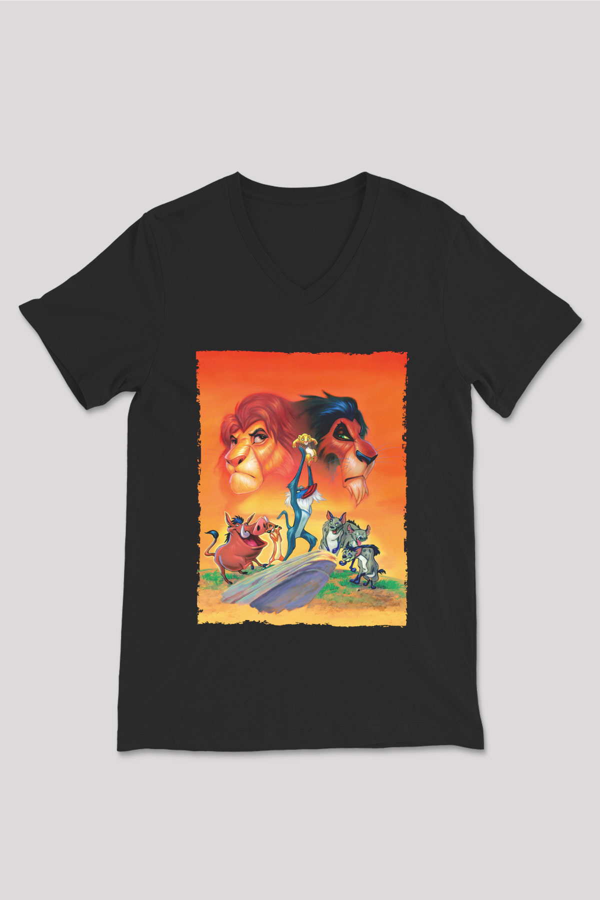 Unisex Aslan Kral (The Lion King) Baskılı Siyah V Yaka Tshirt