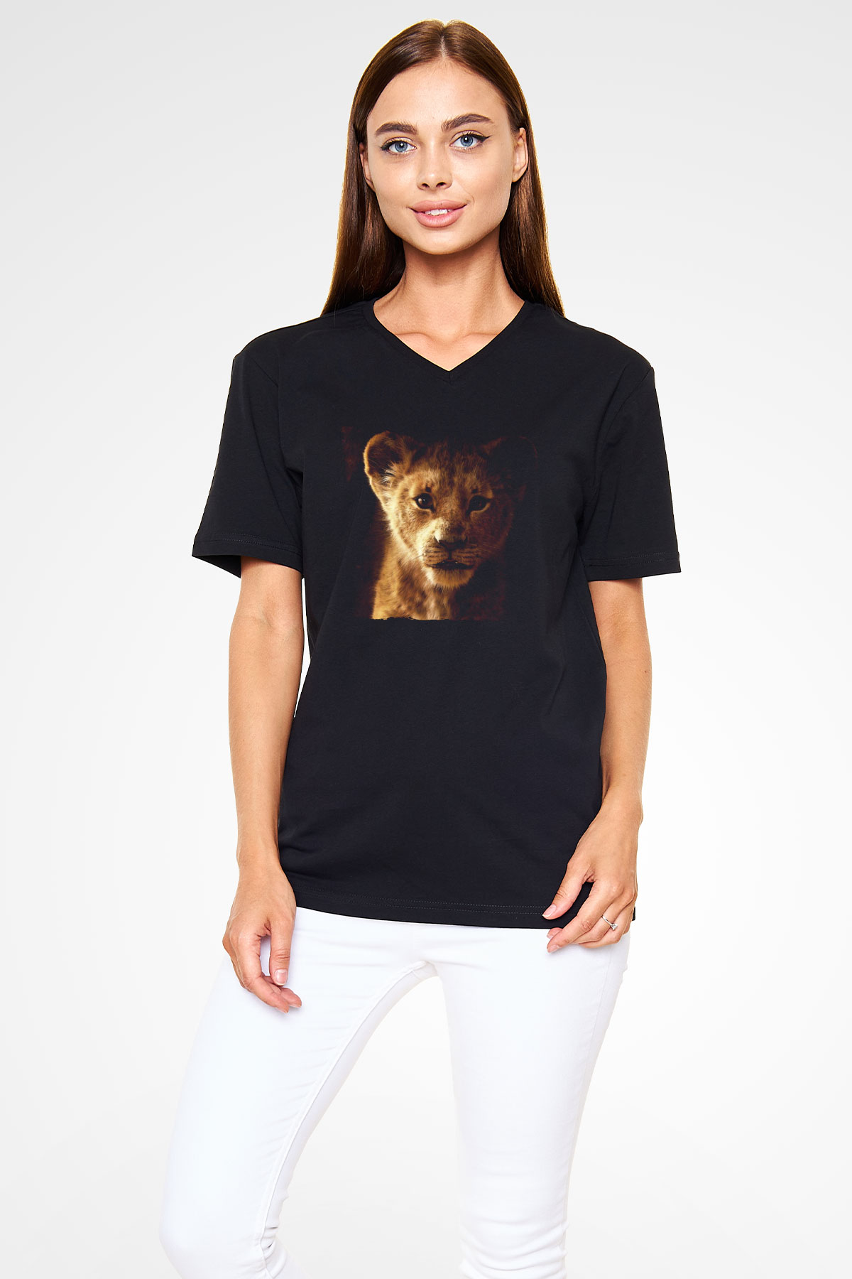 Unisex Aslan Kral (The Lion King) Baskılı Siyah V Yaka T-shirt