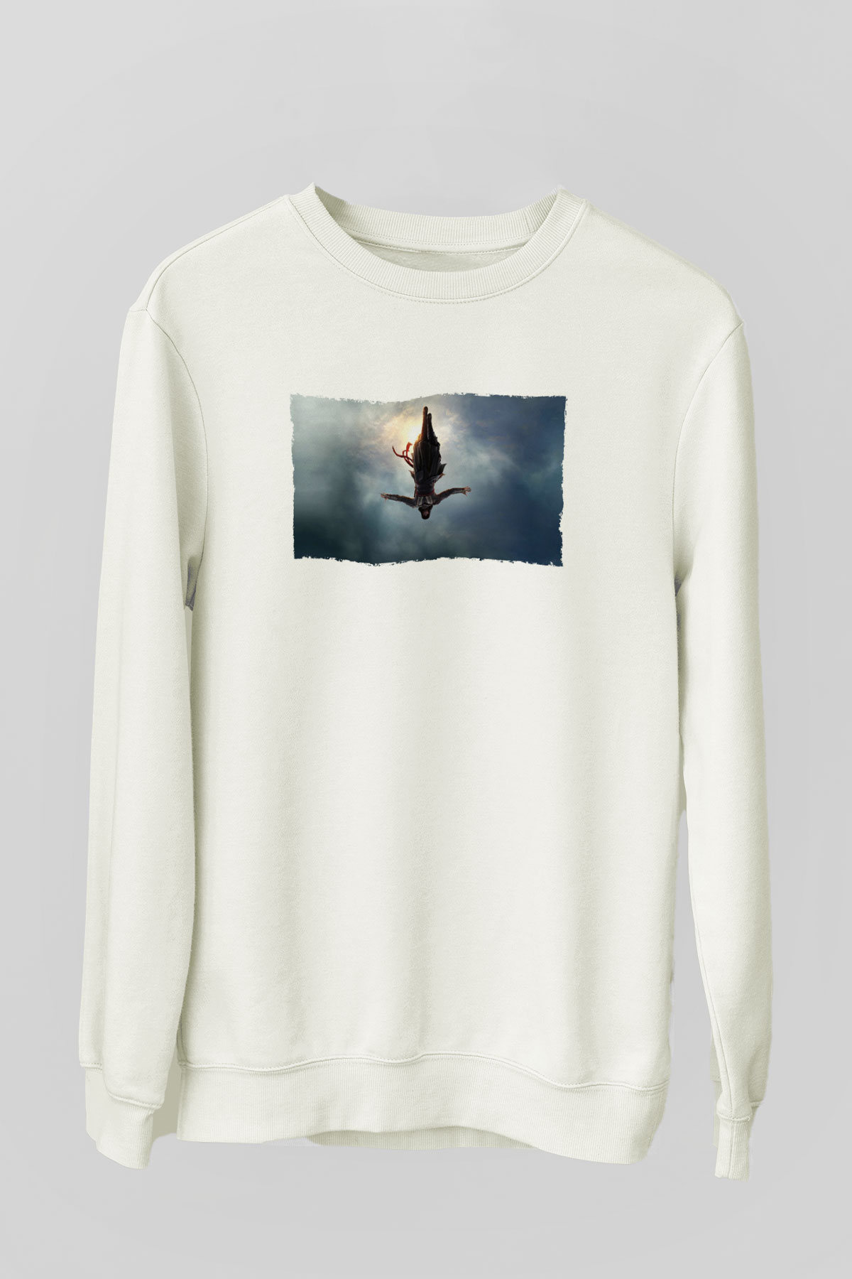 Unisex Assassins Creed Baskılı Beyaz Sweatshirt