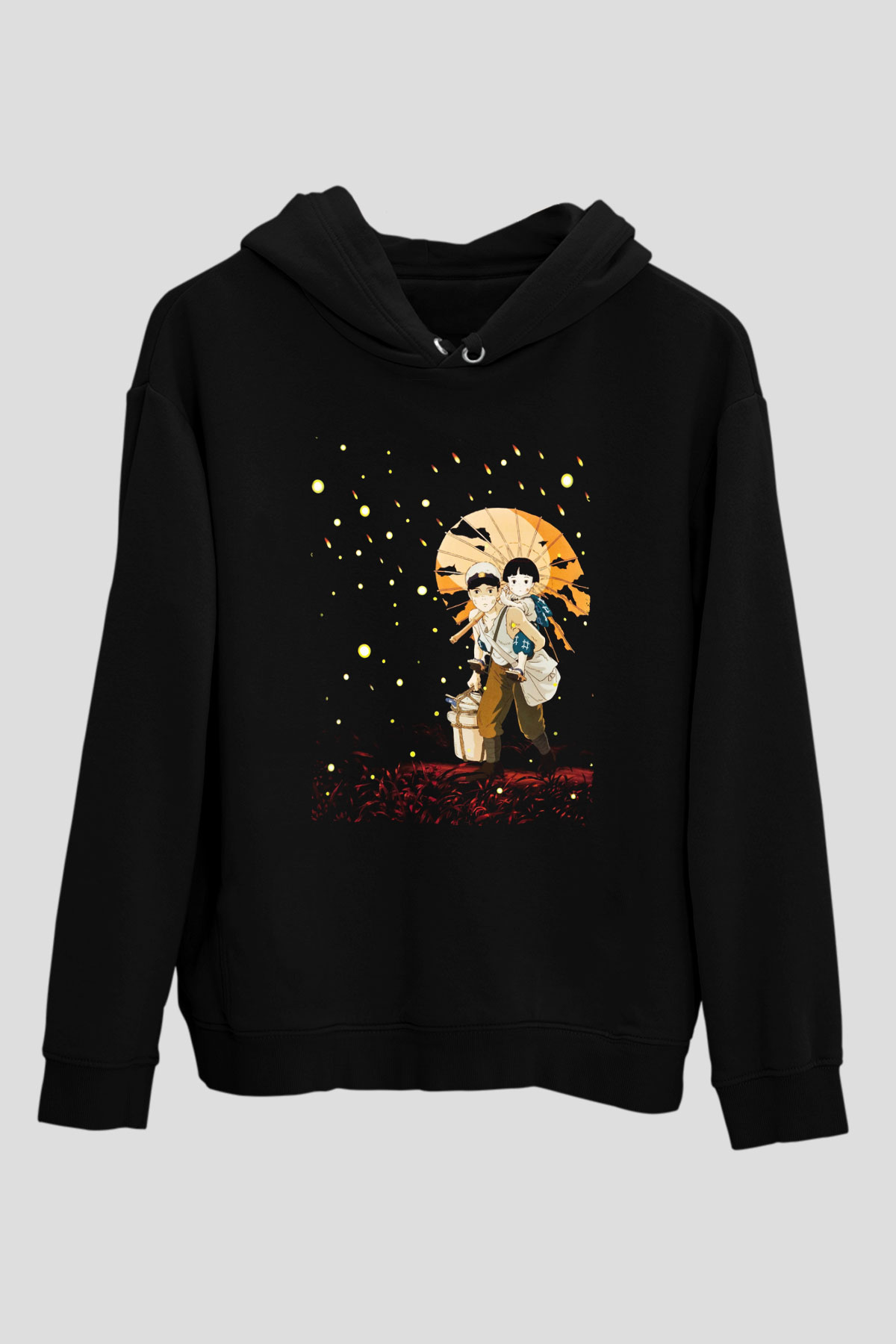 Unisex Ateşböceklerinin Mezarı (Grave of the Fireflies) Baskılı Siyah Kapüşonlu Sweatshirt