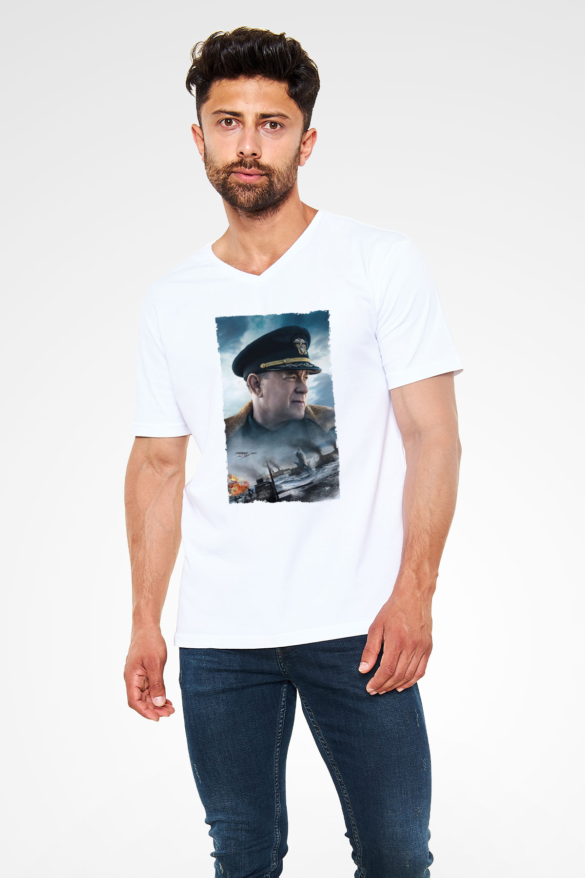 Unisex Atlantik Savaşı (Greyhound) Baskılı Beyaz V Yaka Tişört