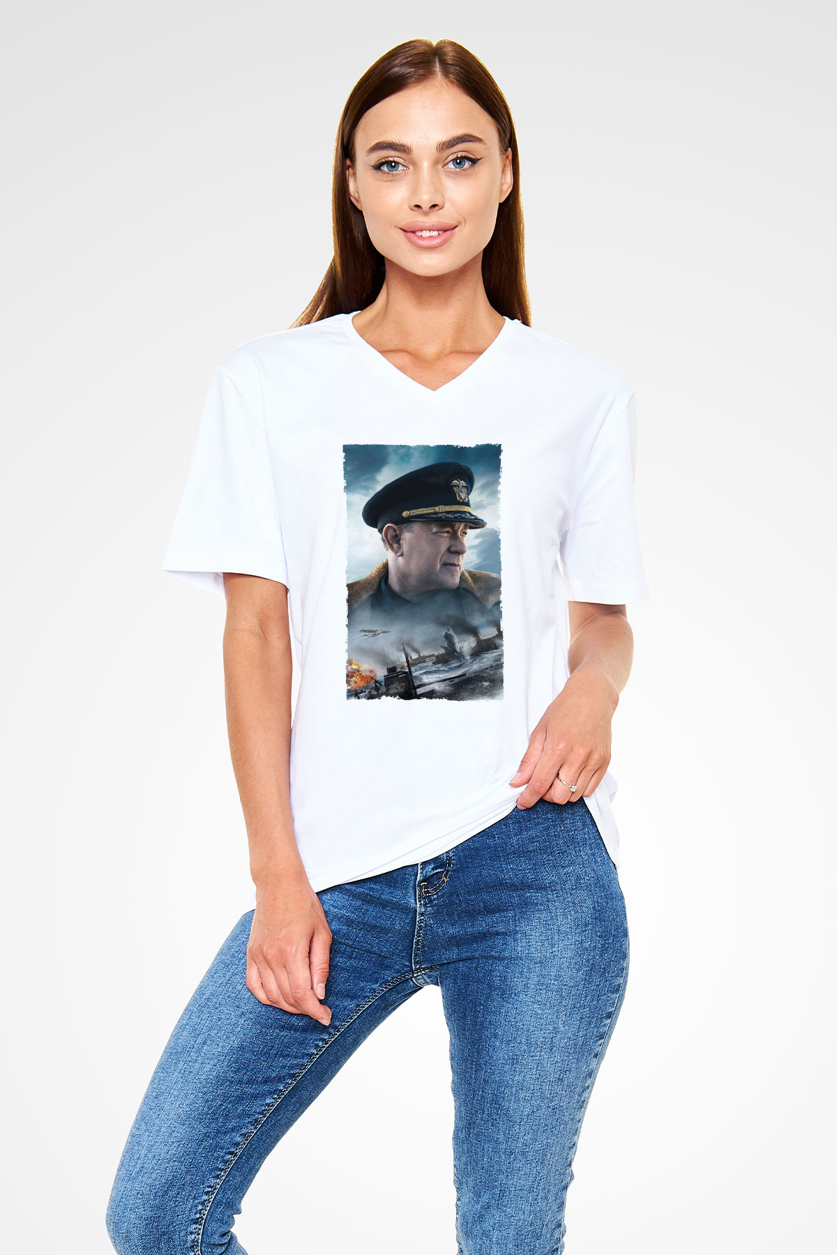 Unisex Atlantik Savaşı (Greyhound) Baskılı Beyaz V Yaka Tişört