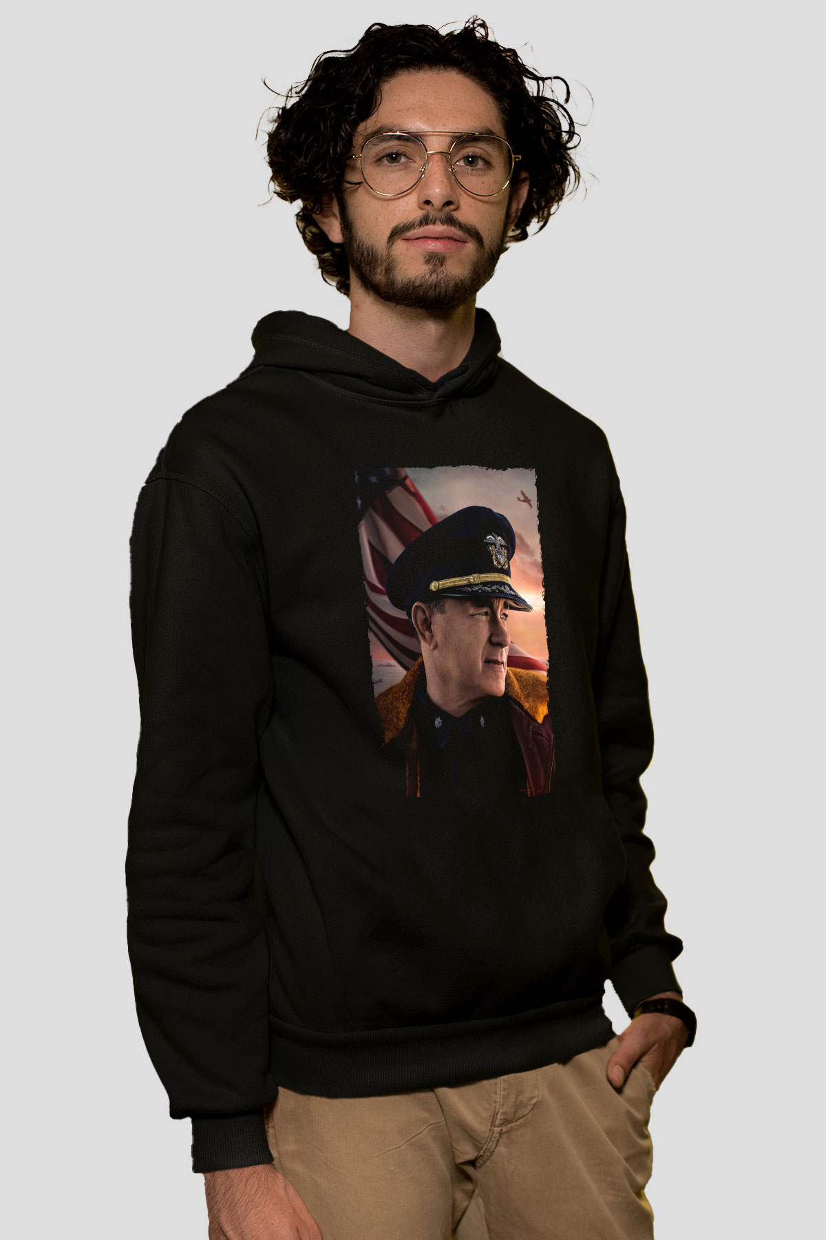 Unisex Atlantik Savaşı (Greyhound) Baskılı Siyah Kapüşonlu Sweatshirt