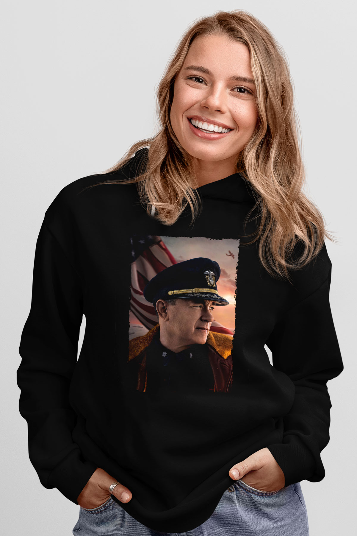 Unisex Atlantik Savaşı (Greyhound) Baskılı Siyah Kapüşonlu Sweatshirt