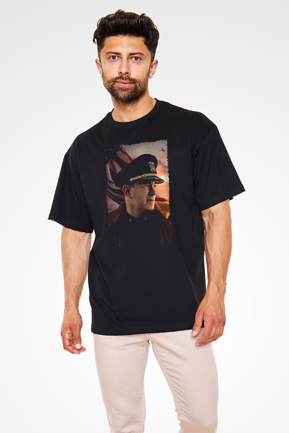 Unisex Atlantik Savaşı (Greyhound) Baskılı Siyah Oversize Tshirt