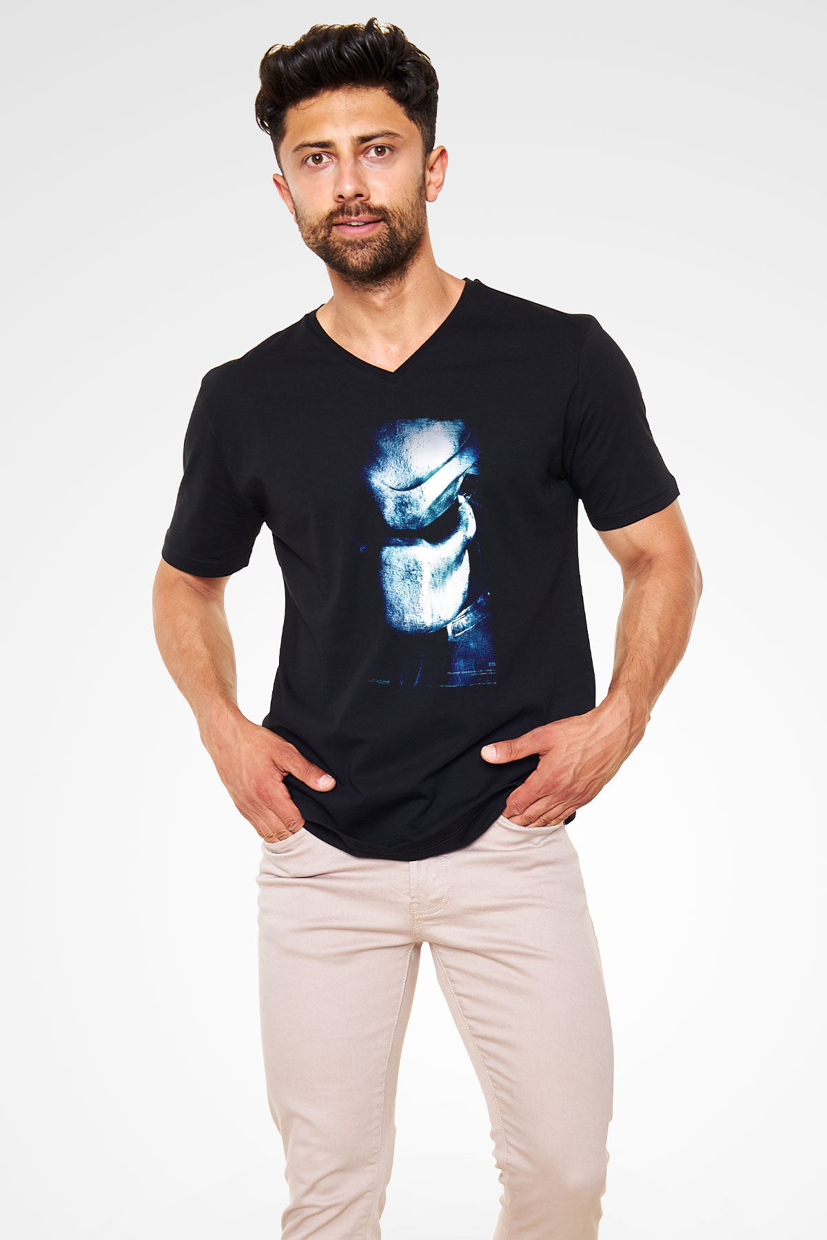 Unisex Av (Predator) Baskılı Siyah V Yaka Tshirt
