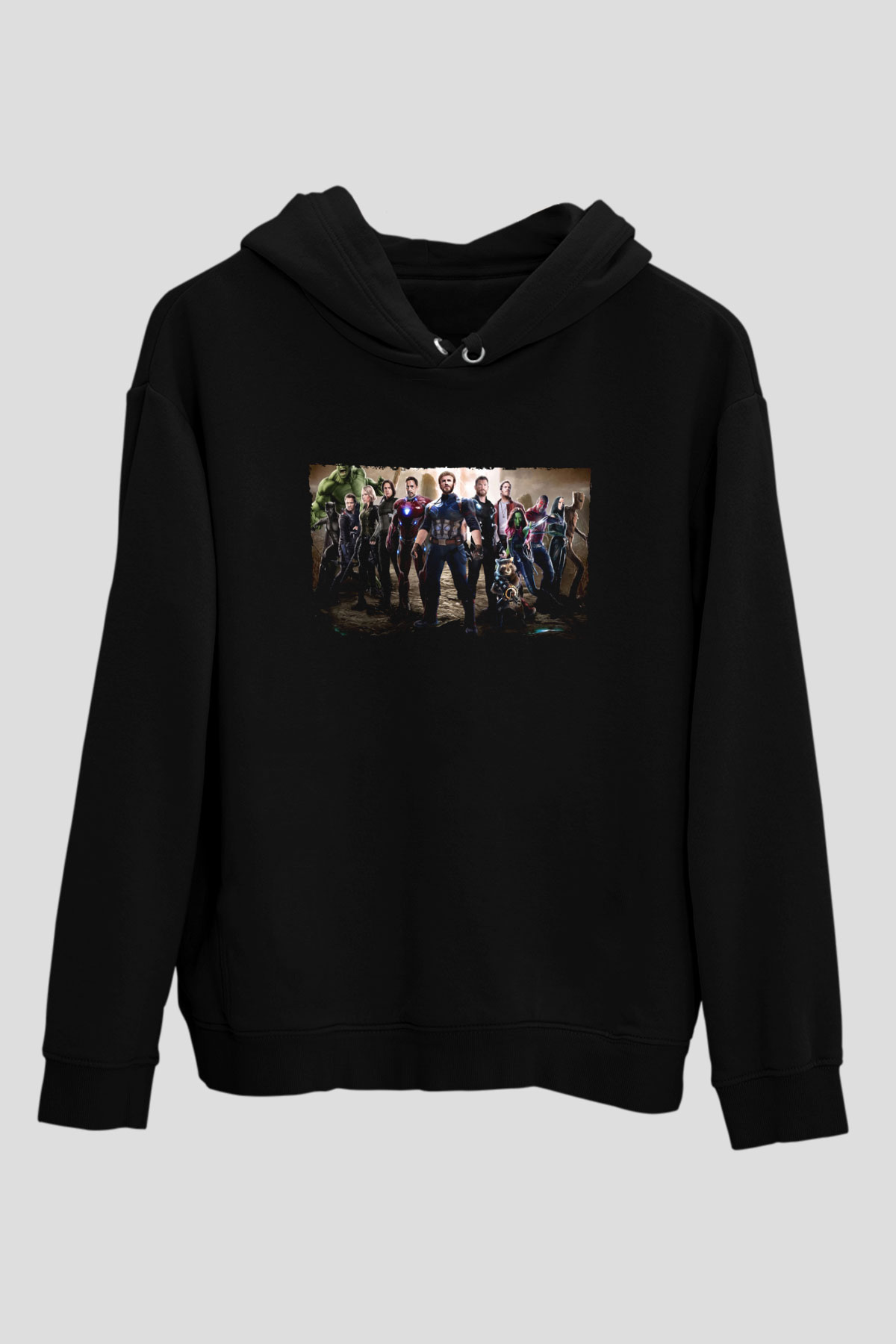 Unisex Avengers Sonsuzluk Savaşı Baskılı Siyah Kapüşonlu Sweatshirt