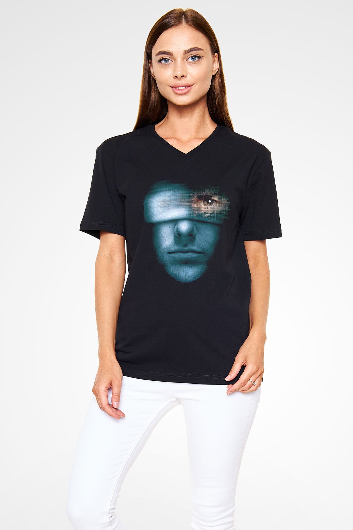 Unisex Azınlık Raporu (Minority Report) Baskılı Siyah V Yaka T-shirt