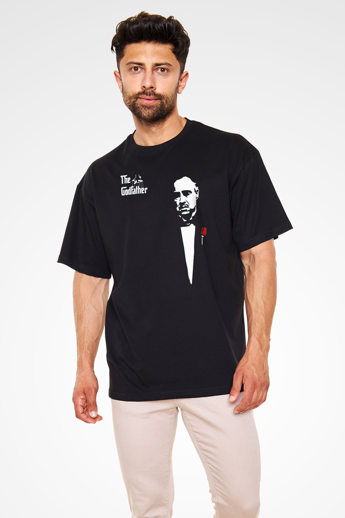 Unisex Baba (The Godfather) Baskılı Siyah Unisex Oversize Tişört