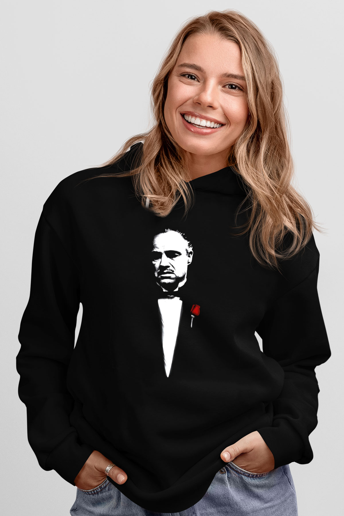 Unisex Baba (The Godfather) Baskılı Siyah Kapüşonlu Sweatshirt