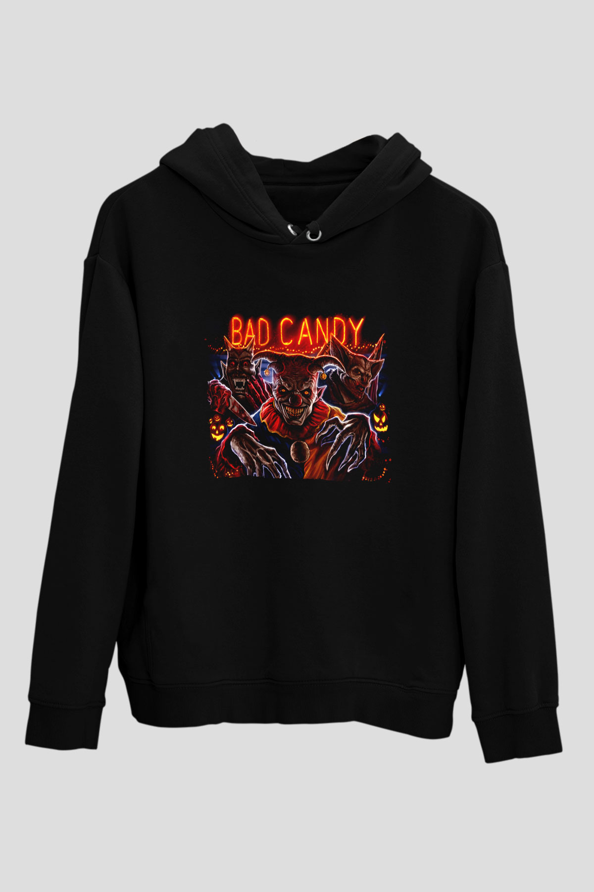 Unisex Bad Candy Baskılı Siyah Kapüşonlu Sweatshirt