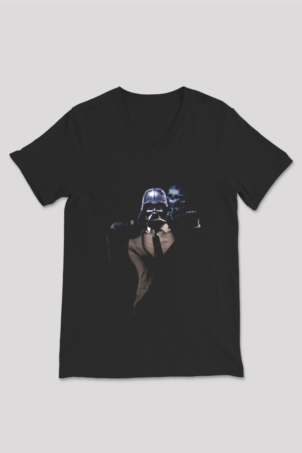 Unisex Badass Vader Baskılı Siyah V Yaka T-shirt