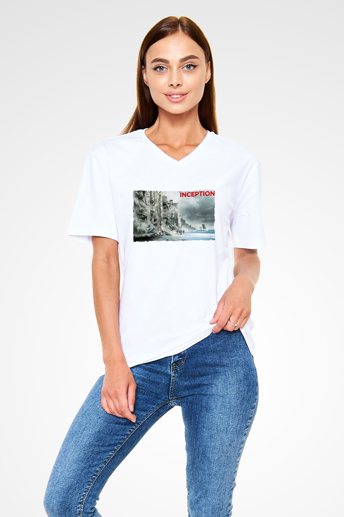 Unisex Başlangıç - Inception Baskılı Beyaz V Yaka Tshirt
