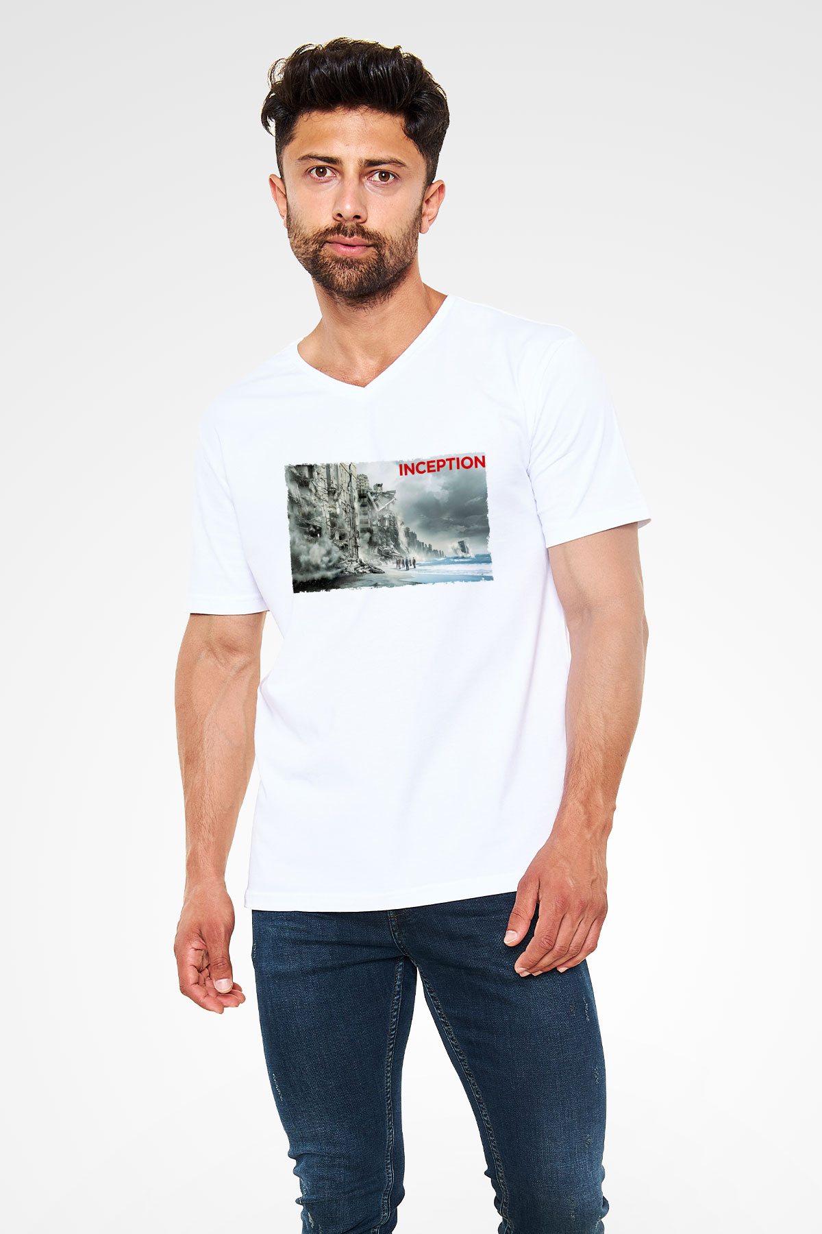 Unisex Başlangıç - Inception Baskılı Beyaz V Yaka Tshirt