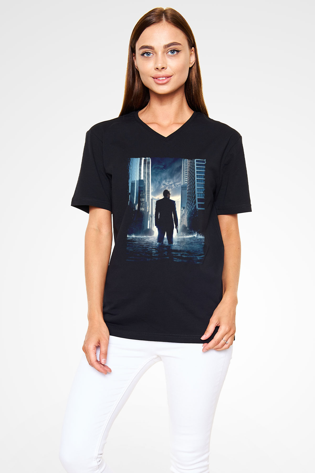 Unisex Başlangıç (Inception) Baskılı Siyah V Yaka Tişört