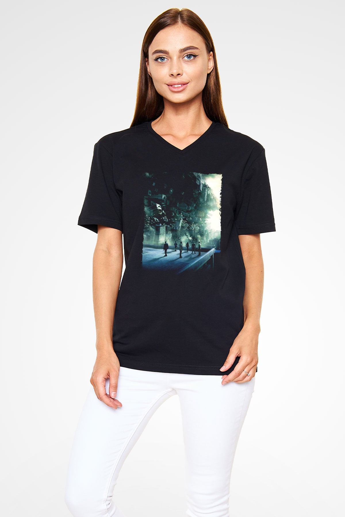 Unisex Başlangıç (Inception) Baskılı Siyah V Yaka Tshirt