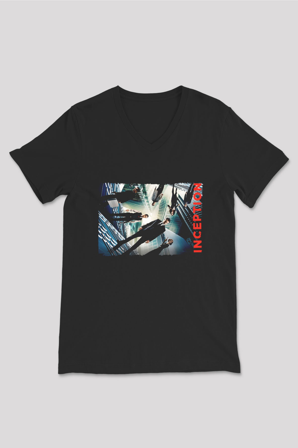 Unisex Başlangıç (Inception) Baskılı Siyah V Yaka T-shirt