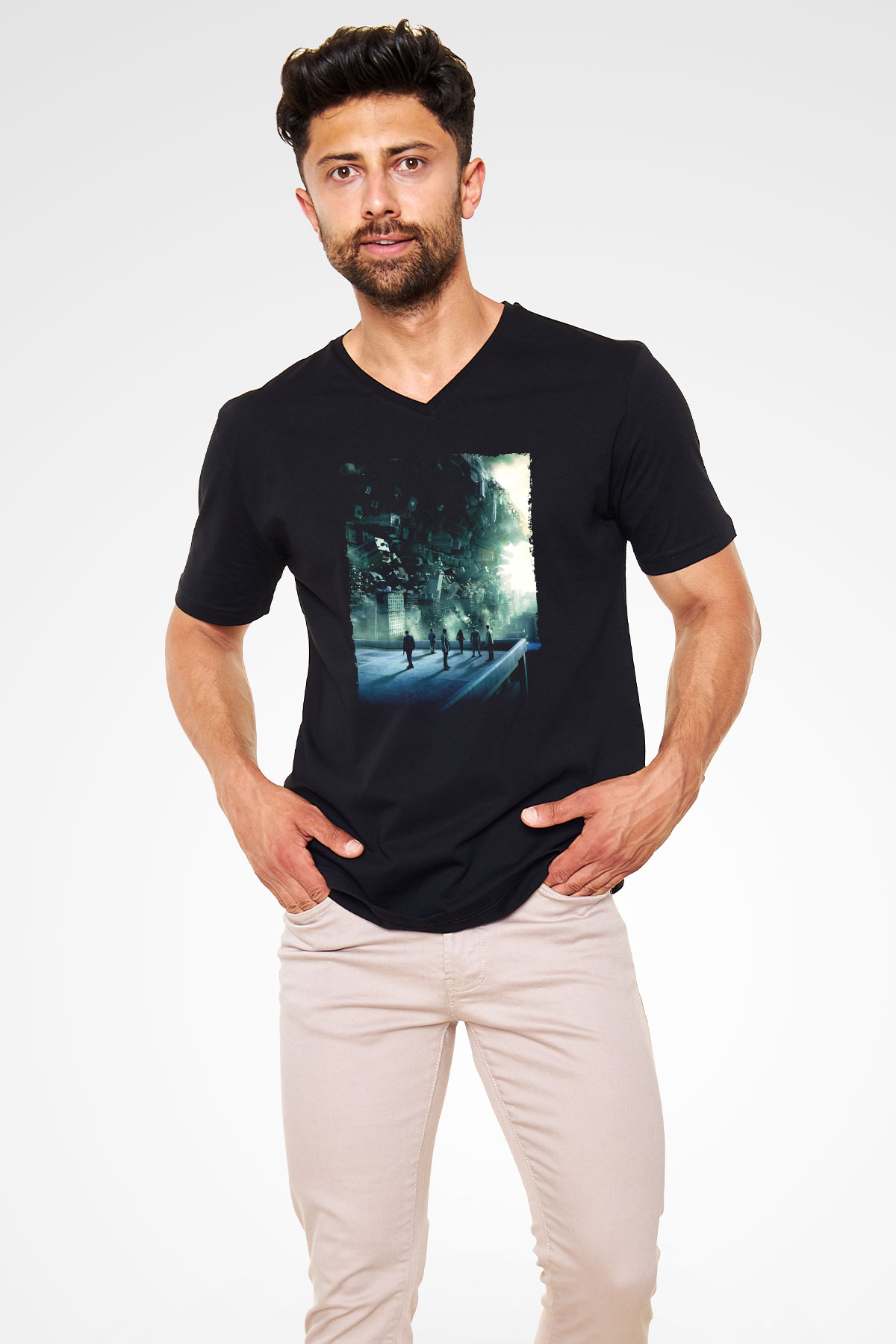Unisex Başlangıç (Inception) Baskılı Siyah V Yaka Tshirt