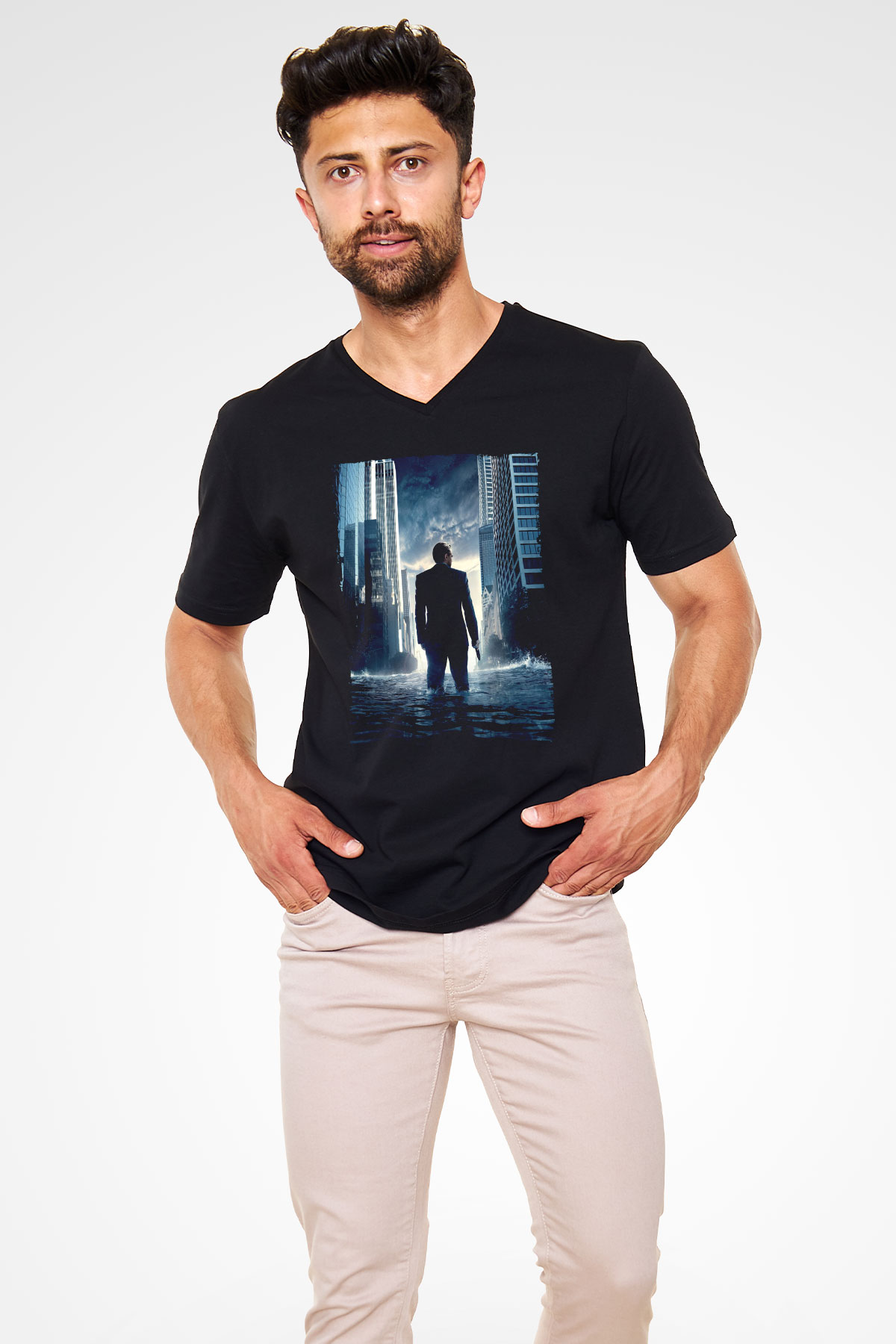 Unisex Başlangıç (Inception) Baskılı Siyah V Yaka Tişört