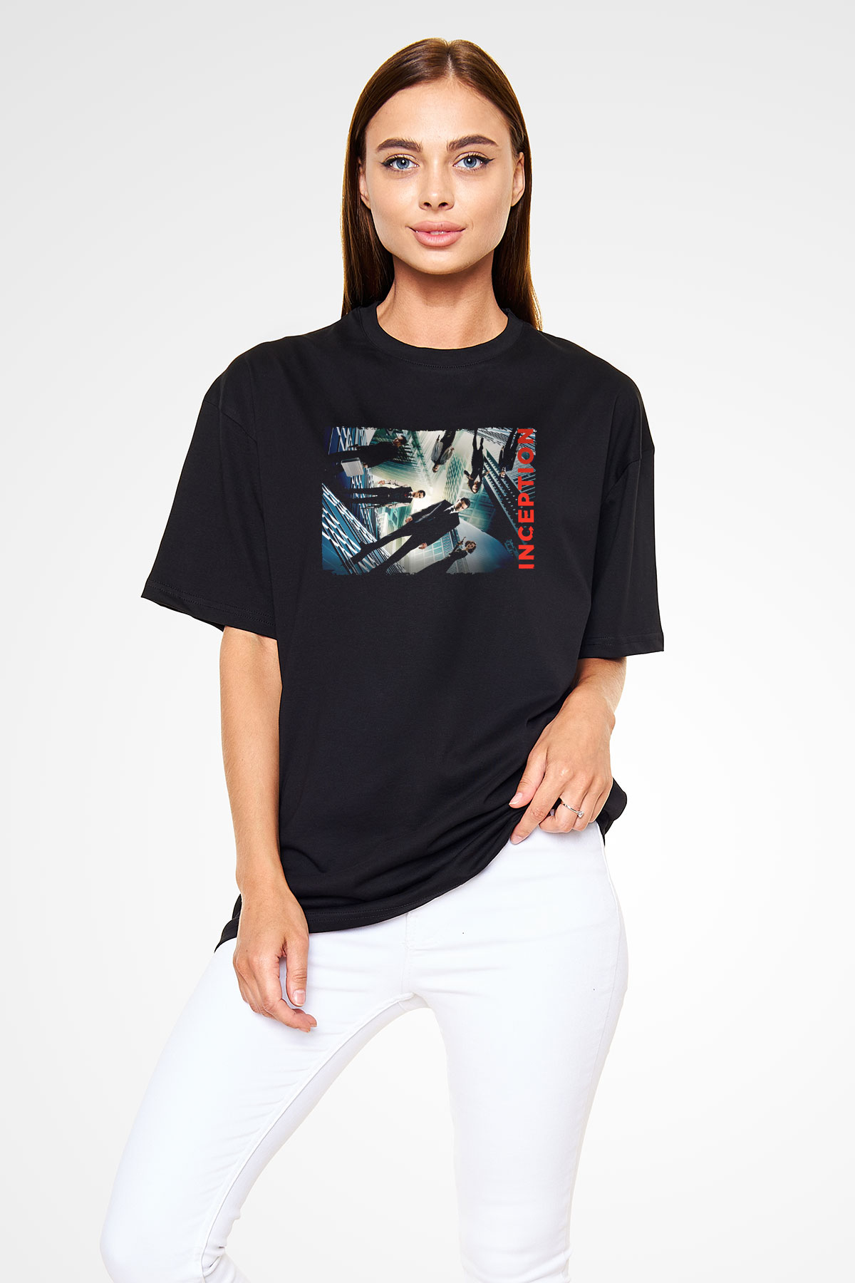 Unisex Başlangıç (Inception) Baskılı Siyah Oversize T-shirt
