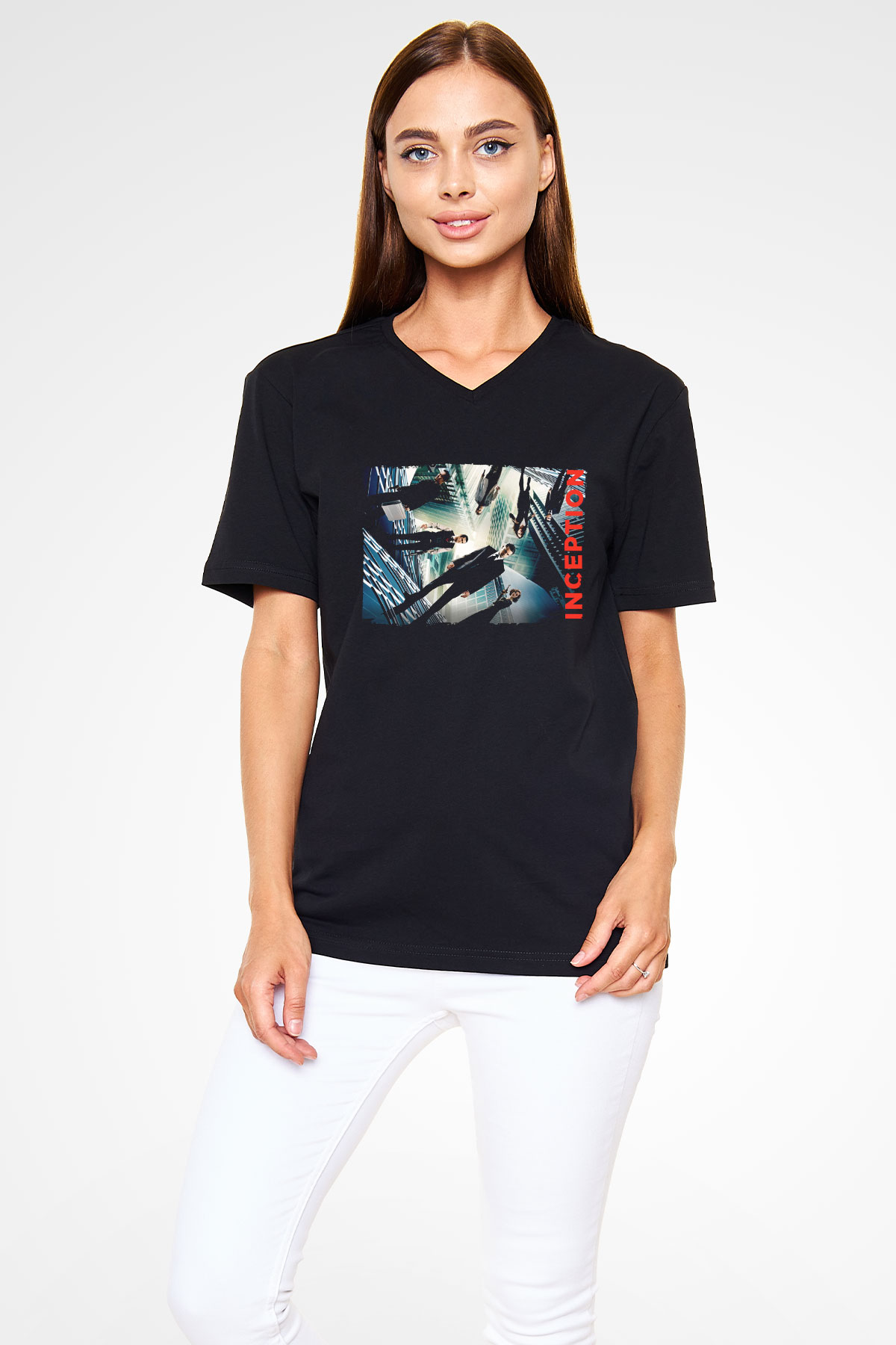 Unisex Başlangıç (Inception) Baskılı Siyah V Yaka T-shirt