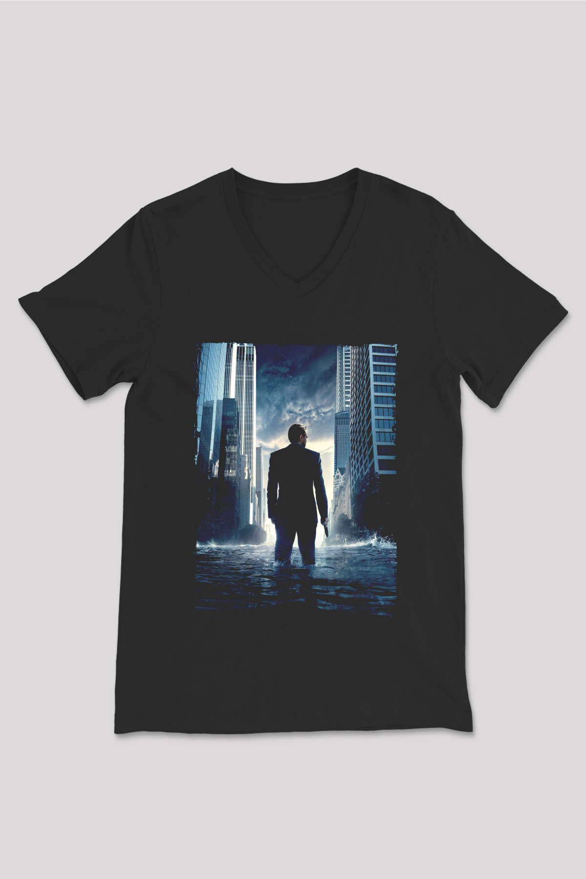 Unisex Başlangıç (Inception) Baskılı Siyah V Yaka Tişört