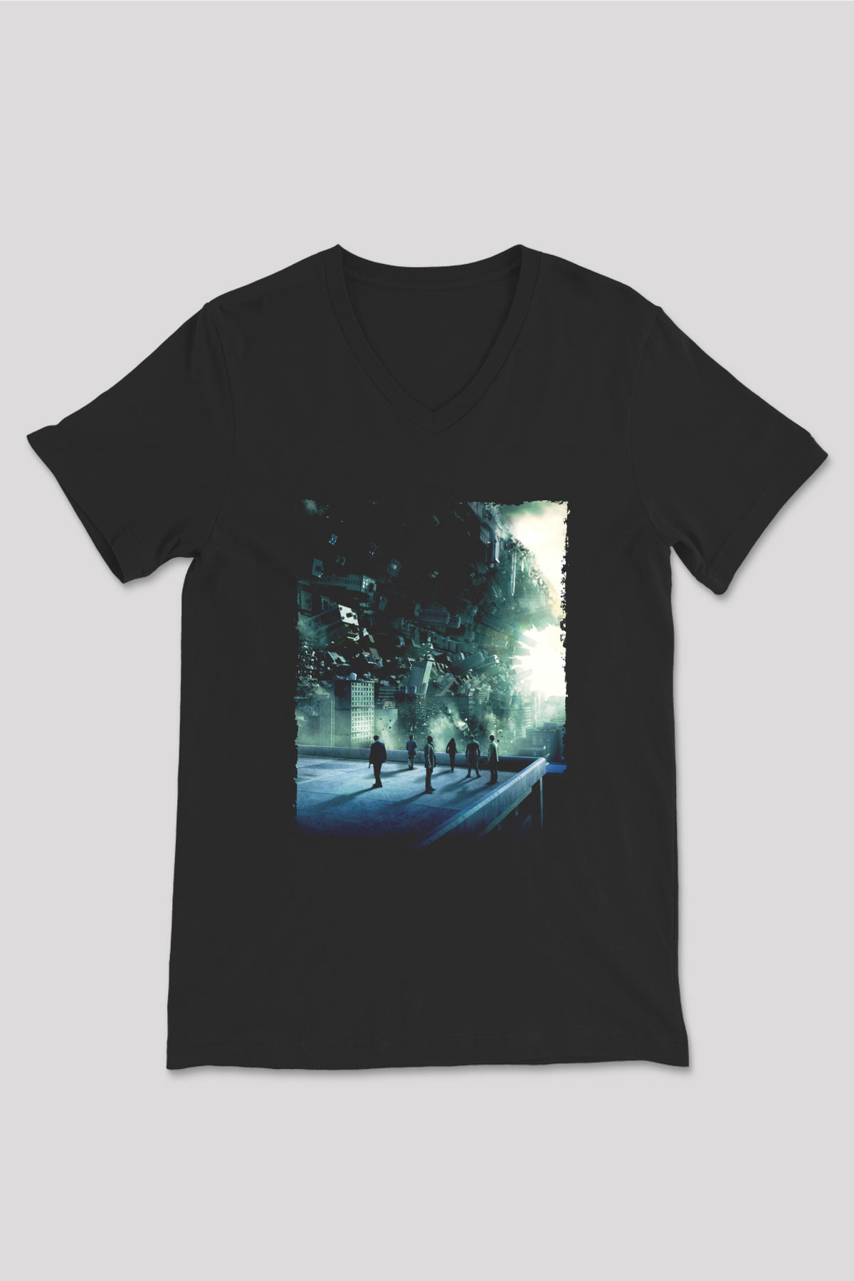 Unisex Başlangıç (Inception) Baskılı Siyah V Yaka Tshirt
