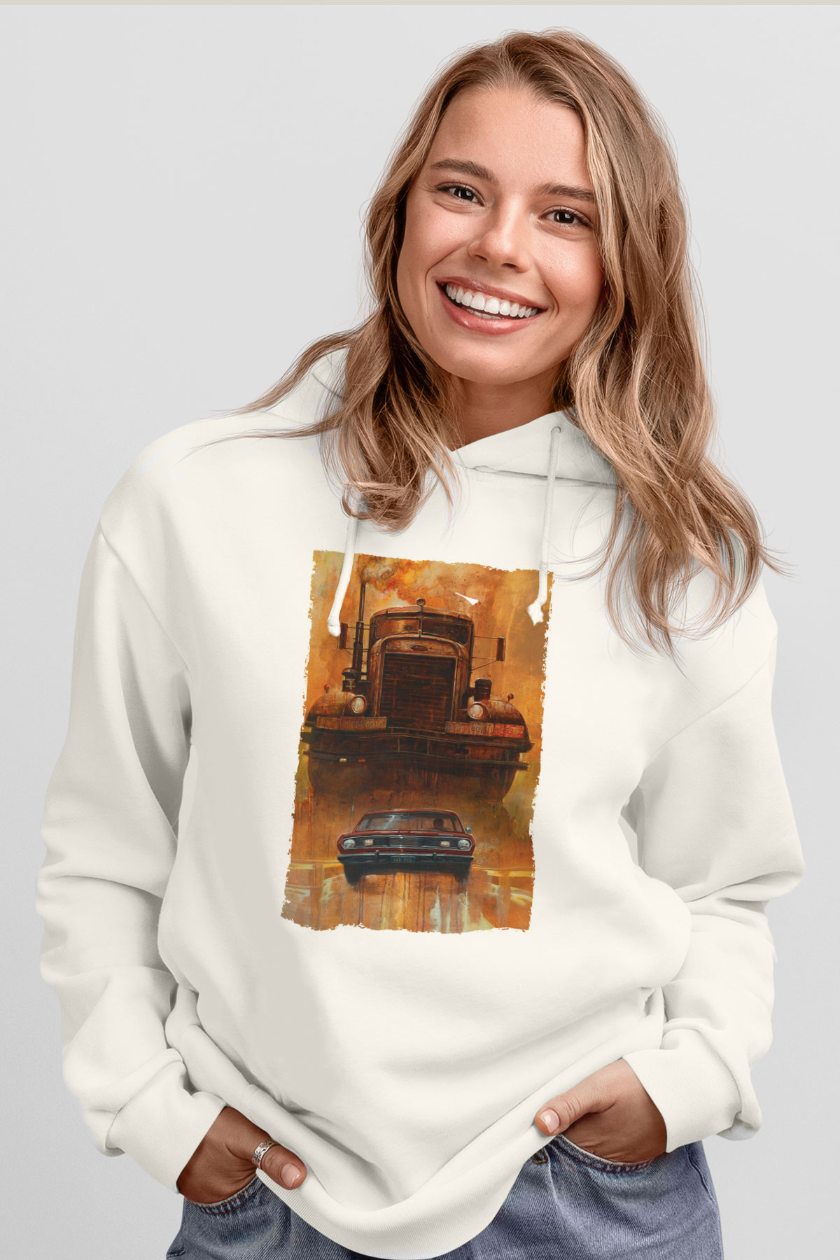 Unisex Belâ (Duel) Baskılı Beyaz Kapüşonlu Sweatshirt