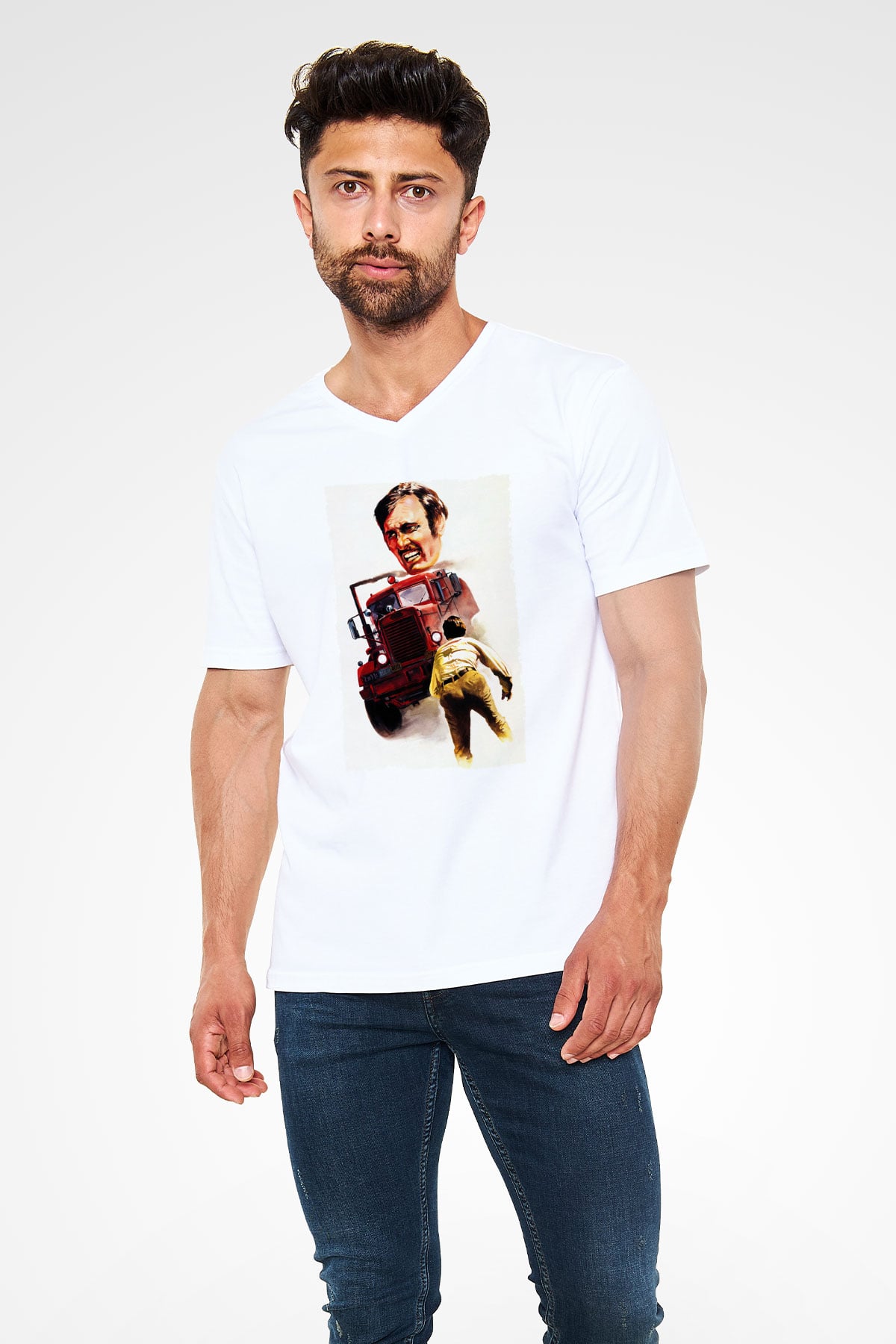 Unisex Belâ (Duel) Baskılı Beyaz V Yaka Tshirt
