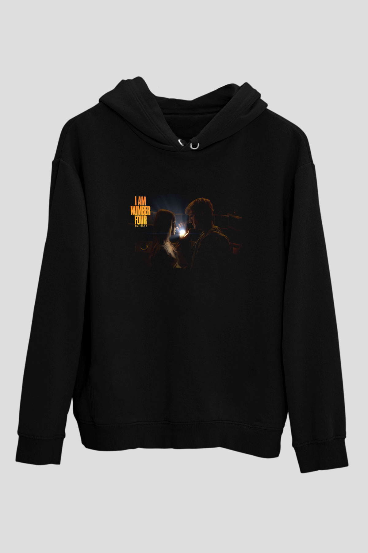 Unisex Ben Dört Numara (I Am Number Four) Baskılı Siyah Kapüşonlu Sweatshirt