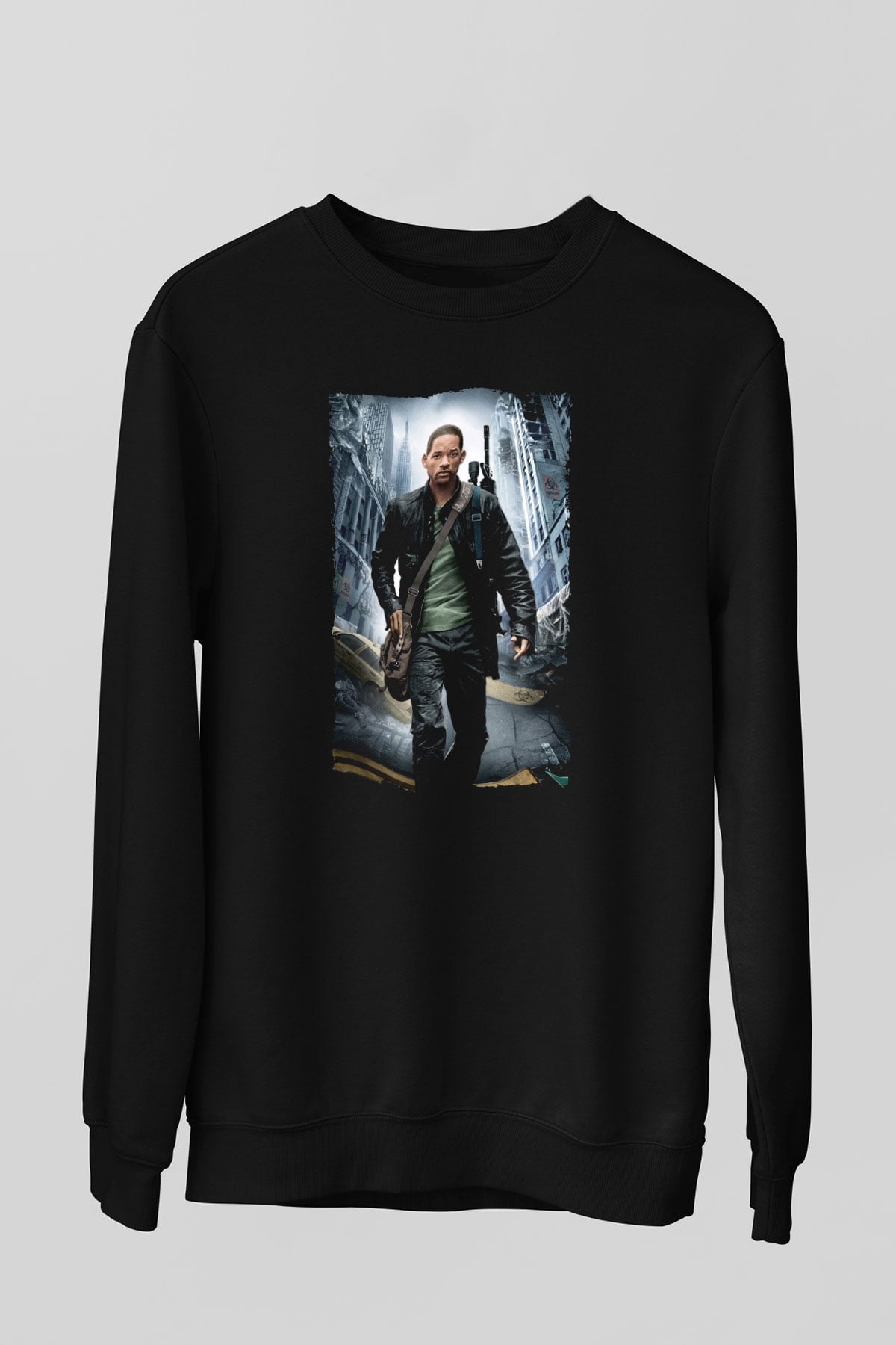 Unisex Ben Efsaneyim (I Am Legend) Baskılı Siyah Sweatshirt