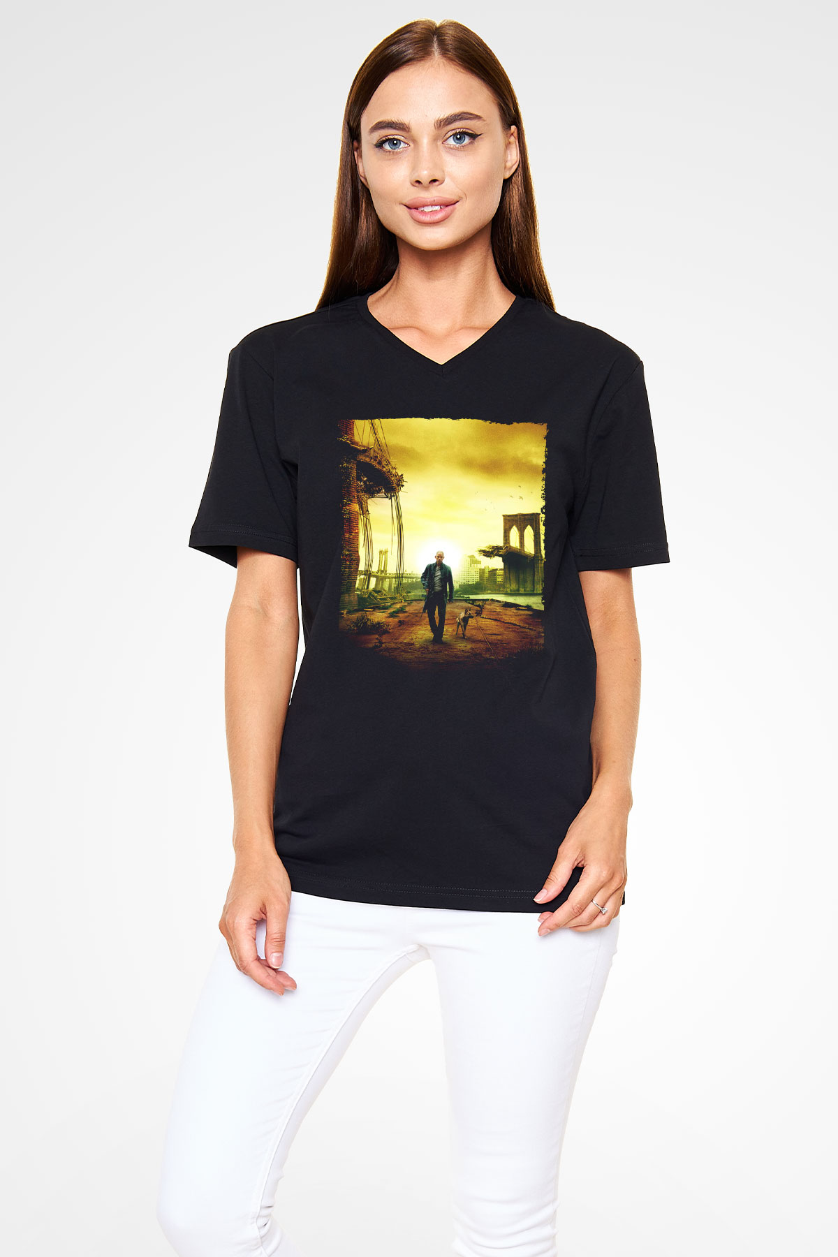 Unisex Ben Efsaneyim (I Am Legend) Baskılı Siyah V Yaka Tshirt